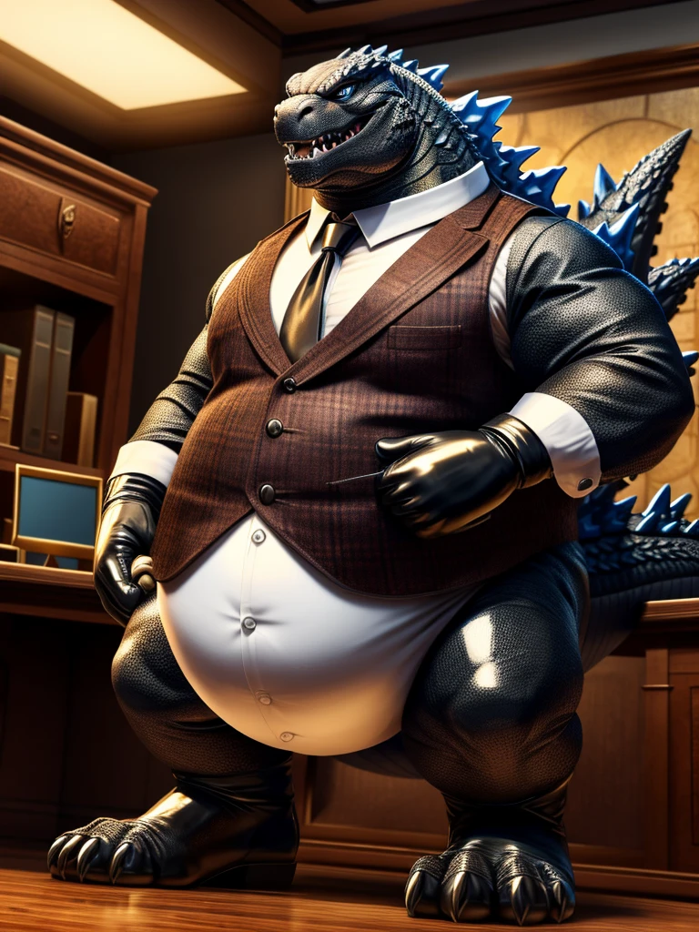 Solo, Male, fat, squatting, extremely obese, gentleman, dapper Godzilla, pooping in diaper, blue eyes, (soft shading), 4k, hi res, ((detailed face, detailed)), looking at viewer, evil grin, Airport, TSA, TSA Uniform, collared shirt with ons, hat, male focus, Police Uniform, glasses, monocle, vest with butt sleeves rolled up, round eyewear, headwear, vest, Godzilla is wearing a glossy leather dog collar around the neck, Godzilla is wearing the leather collar and shirt and vest at the same time, Godzilla is wearing glossy white rubber gloves on the hands, wearing white rubber gloves on the feet, gloves are rubber in texture, mouth wide open, evil laugh, clenching fists, leather collar is glossy and shiny with a lot of detail, Godzilla is wearing gloves and leather collar at the same time, leather collar has a round dog-tag, leather collar is thick and detailed, white rubber gloves on the feet, Godzilla is wearing gloves and leather collar at the same time, leather collar has a round dog-tag, leather collar is thick and detailed, leather collar is glossy and shiny, fancy clothing, dapper vest, dapper shirt, leather collar is thick, glossy leather collar, Godzilla is wearing a dirty diaper