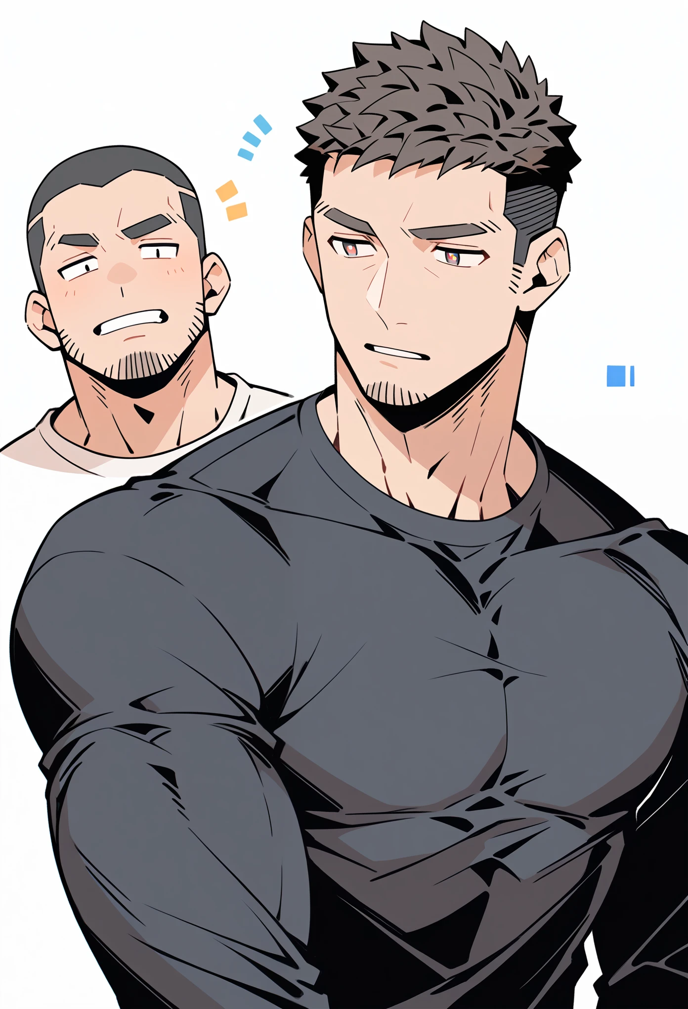 anime characters:Priapus, Muscle office worer, Buzz Cut, Manliness, male focus, Light Grey high collar long sleeve tight T-shirt, Very tight, full and perky chest muscles, muscular male, muscular, only, Upper body, alone, Black short hair, Thick eyebrows, stubble, Brown-red pupils, White background, simple background, amazing quality, best aesthetics, Ridiculous, crew cut, parted lips, flustered, endured face, negative space, projected inset, best quality.