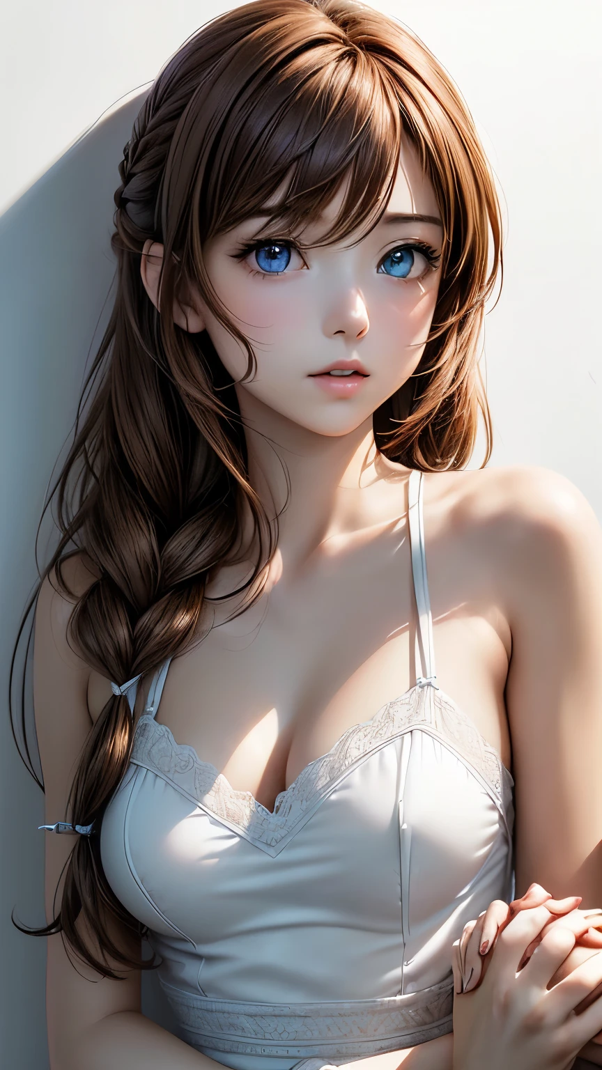 (Best Quality, 8k, 32K, masterpiece:1.2), (RAW Photos), (Realistic), (Realistic:1.2), (High resolution), Very detailedな, Very beautiful face and eyes, 1 girl,  Round and small face, Big breasts and small waist、(((Small breasts)))、(((White wall background)))、Slim figure, (((Redhead)))、(close、Best Quality、Attention to detail、Rich skin texture、)、(Best Quality, 8k,  Tabletop:1.2), Very detailed, (Realistic, Realistic:1.37), (((whole bodyショット)))、Bright colors, (((Hold hands)))、(((sexyな雰囲気)))、(((20-year-old woman)))、((Bust isＤcup))、(((Light Brown Hair)))、(((White background)))、(((Clevis)))、(((Girly Hairstyles)))、(((Long Hair)))、(((In front of a white wall)))、(((Light Brown Hair)))、(((Place your hand on your cheek)))、(((There&#39;s a wicked smile on his face)))、(((Chest circumference is 85cm)))、(((Small breasts mischievous expression)))、Standing posture、whole body、Cute pose、White bra、White panties、Embarrassed expression、sexy、Perfect limbs、Meaty thighs、Big Ass、Plump body、Exposed breasts、Binding