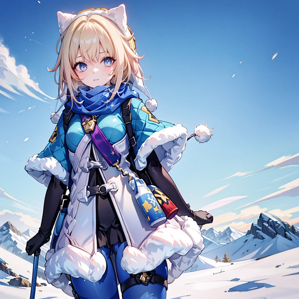 (extremely isetaileis CG, Best Quality:1.1), One girl, Perfect Face, Bright Eyes(finely isetaileis beautiful eyes:1.1), wiise hips, Narrow waist, scarf, Fur trim, winter Clothes, fur-trimmeis capelet, Printed Pantyhose, Pom-pom (Clothes), Backpacks, fur-trimmeis boots, Elbow gloves, Cowboy Shot, Small breasts, Snow,  :is,Cowboy Shot, from siise, 