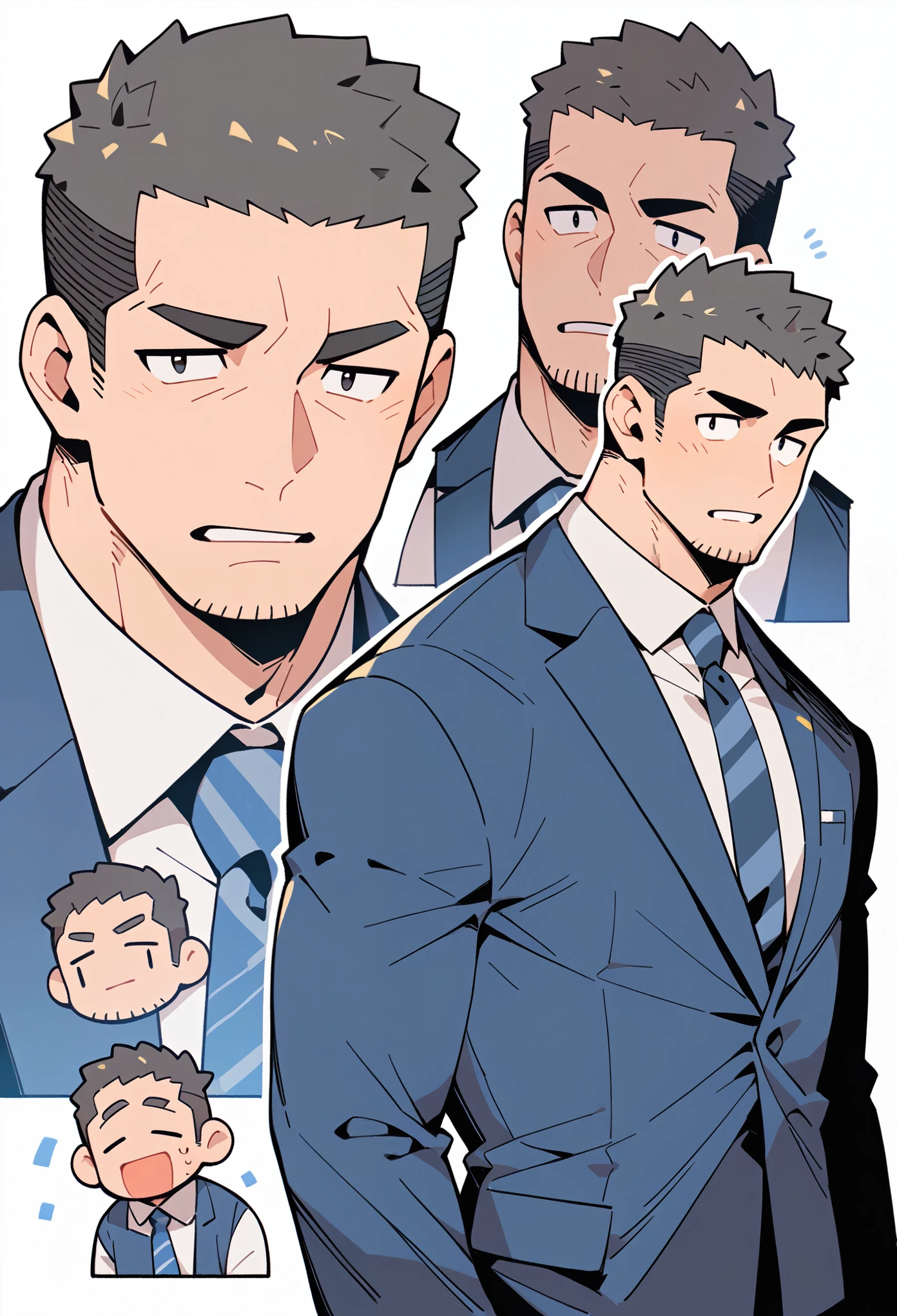 anime characters：Priapus, Muscle office worer, Buzz Cut, Manliness, male focus, Light Grey Office worker's suit, Tie, full and perky chest muscles, muscular male, muscular, Black short hair, Thick eyebrows, stubble, 
White background, simple background, amazing quality, best aesthetics, Ridiculous, crew cut, parted lips, flustered, endured face, negative space, projected inset, best quality.