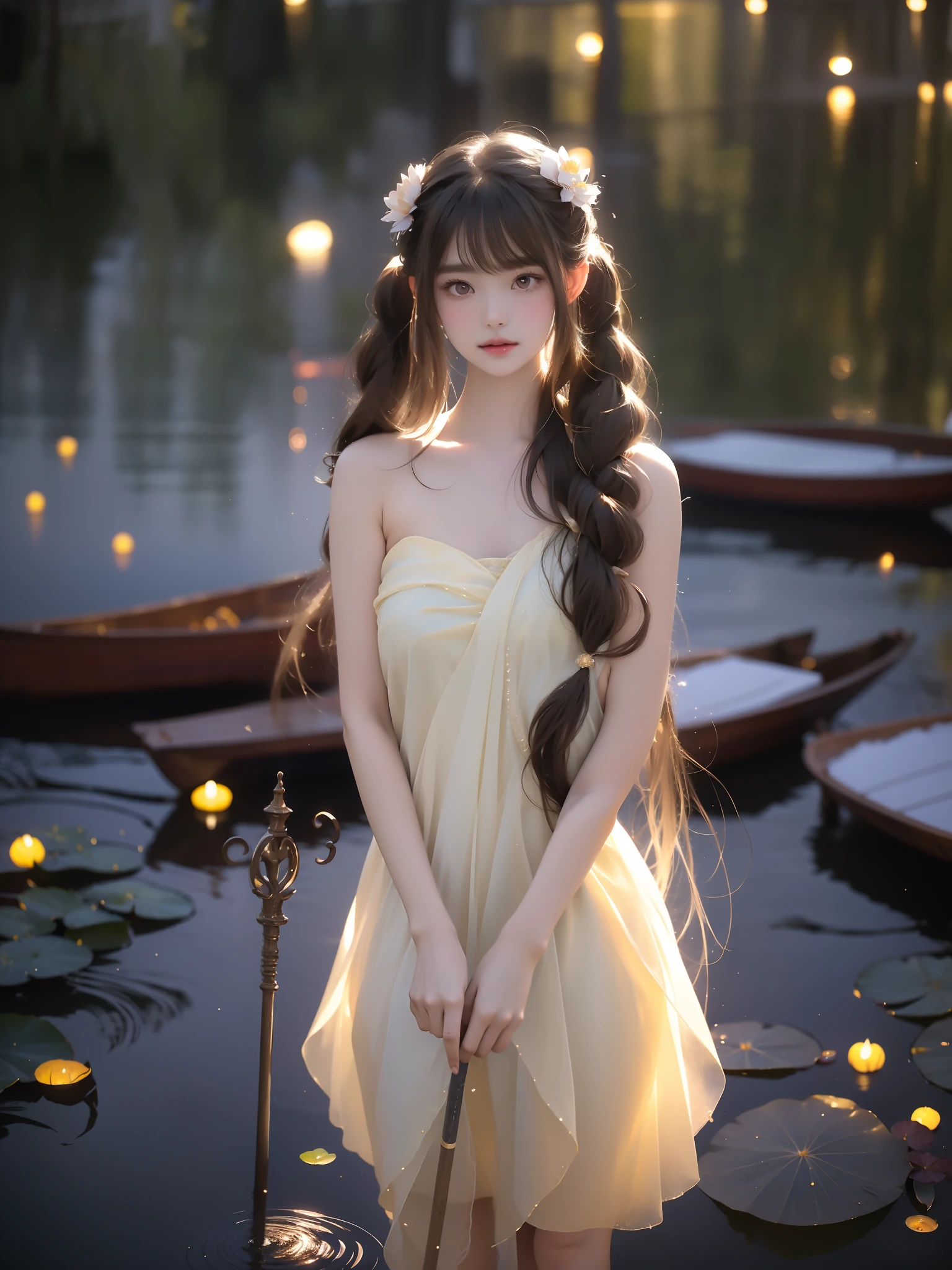 1girl,brown hair,twintails,holding straight staff,,,, A beautiful girl standing in a moonlit lake with water lilies, surrounded by soft ripples and shimmering reflections. Her long flowing hair gently moves with the breeze, glowing ethereally in the black night illuminated by fireflies. The scene captures a serene evening with a starry sky and a misty atmosphere. She has correct and elegant proportions, especially emphasizing her graceful, beautiful legs. revealing bare shoulders, and her delicate facial features display a peaceful expression. The water around her glows with cinematic lighting, creating a dreamy and mysterious mood, with photorealistic detail and a focus on the reflections on the water surface