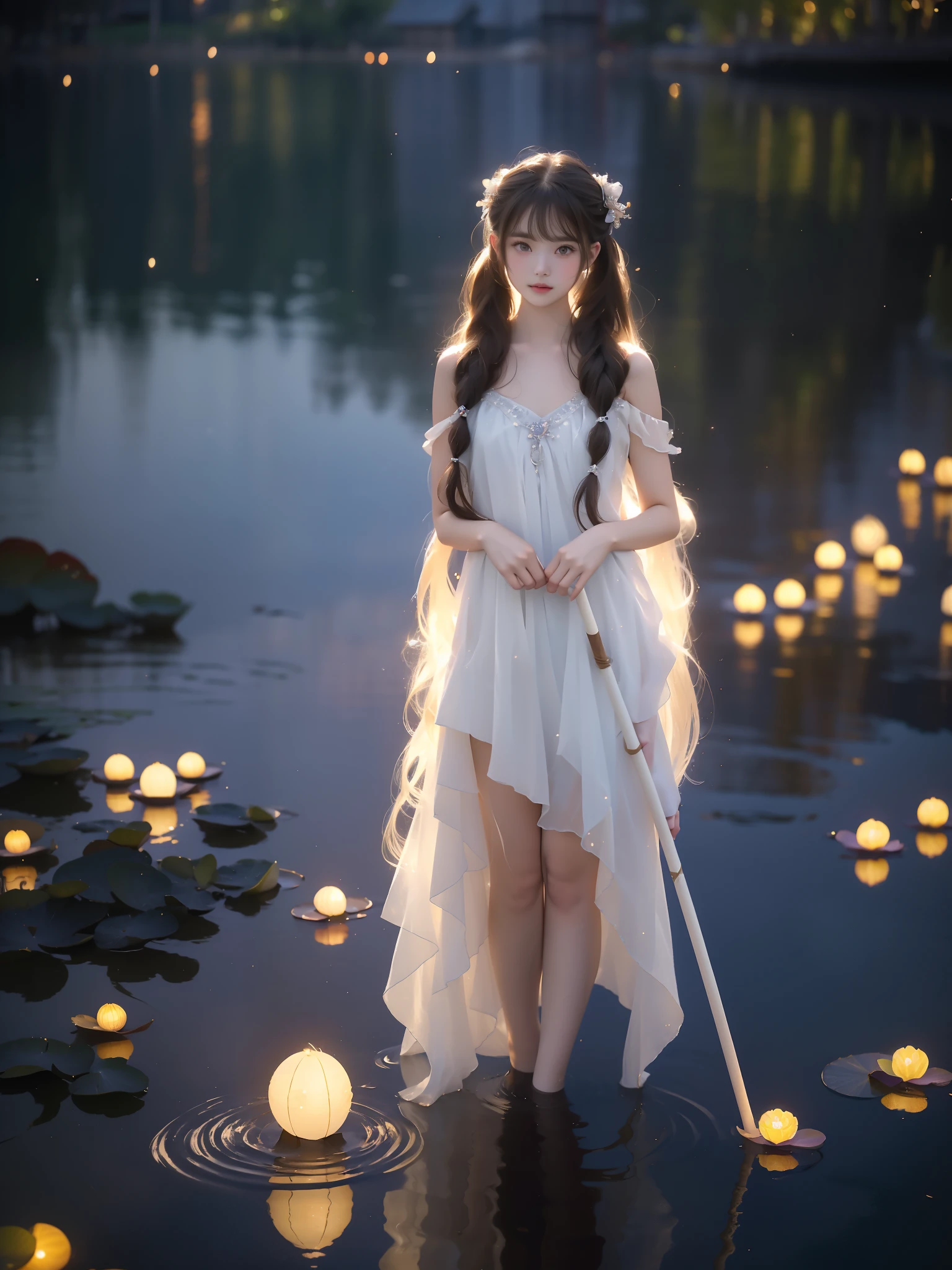 1girl,brown hair,twintails,holding straight staff,,,, A beautiful girl standing in a moonlit lake with water lilies, surrounded by soft ripples and shimmering reflections. Her long flowing hair gently moves with the breeze, glowing ethereally in the black night illuminated by fireflies. The scene captures a serene evening with a starry sky and a misty atmosphere. She has correct and elegant proportions, especially emphasizing her graceful, beautiful legs. revealing bare shoulders, and her delicate facial features display a peaceful expression. The water around her glows with cinematic lighting, creating a dreamy and mysterious mood, with photorealistic detail and a focus on the reflections on the water surface