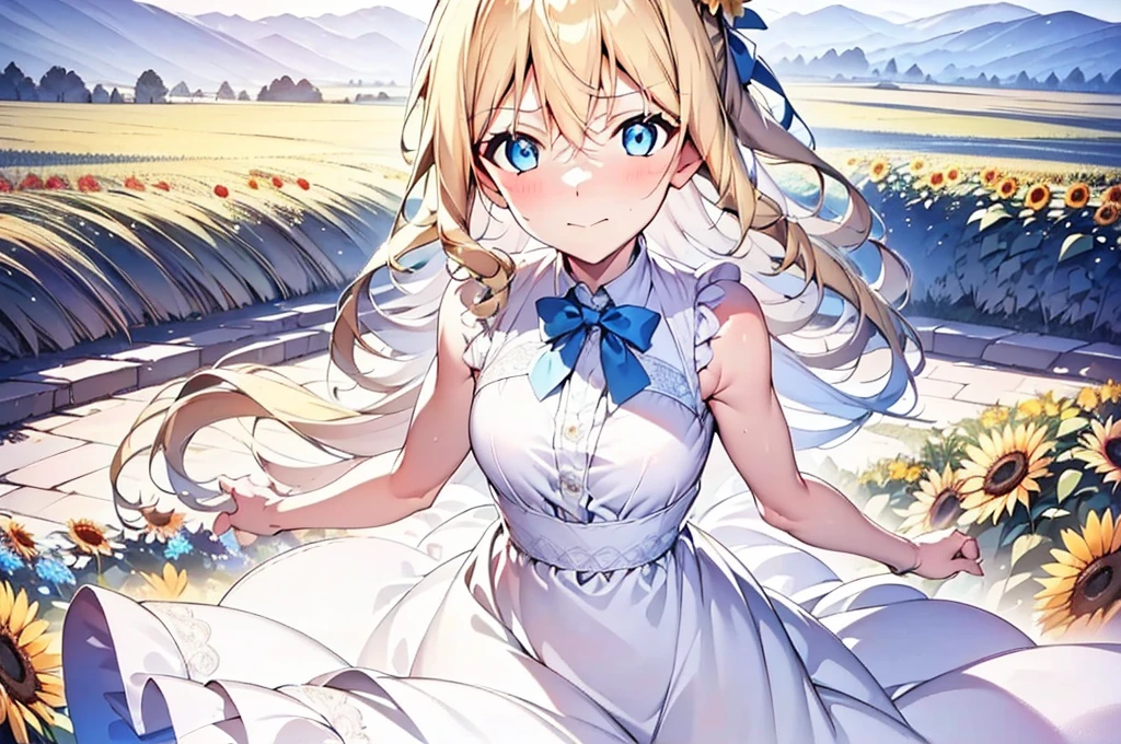 insanely detailed, absurdres, ultra-highres, ultra-detailed, best quality,
1girl, solo,  qhly, blonde hair, blue eyes, garden, roses, sunflowers, no breasts, no emotions, hands on the back, white and blue dress, 
