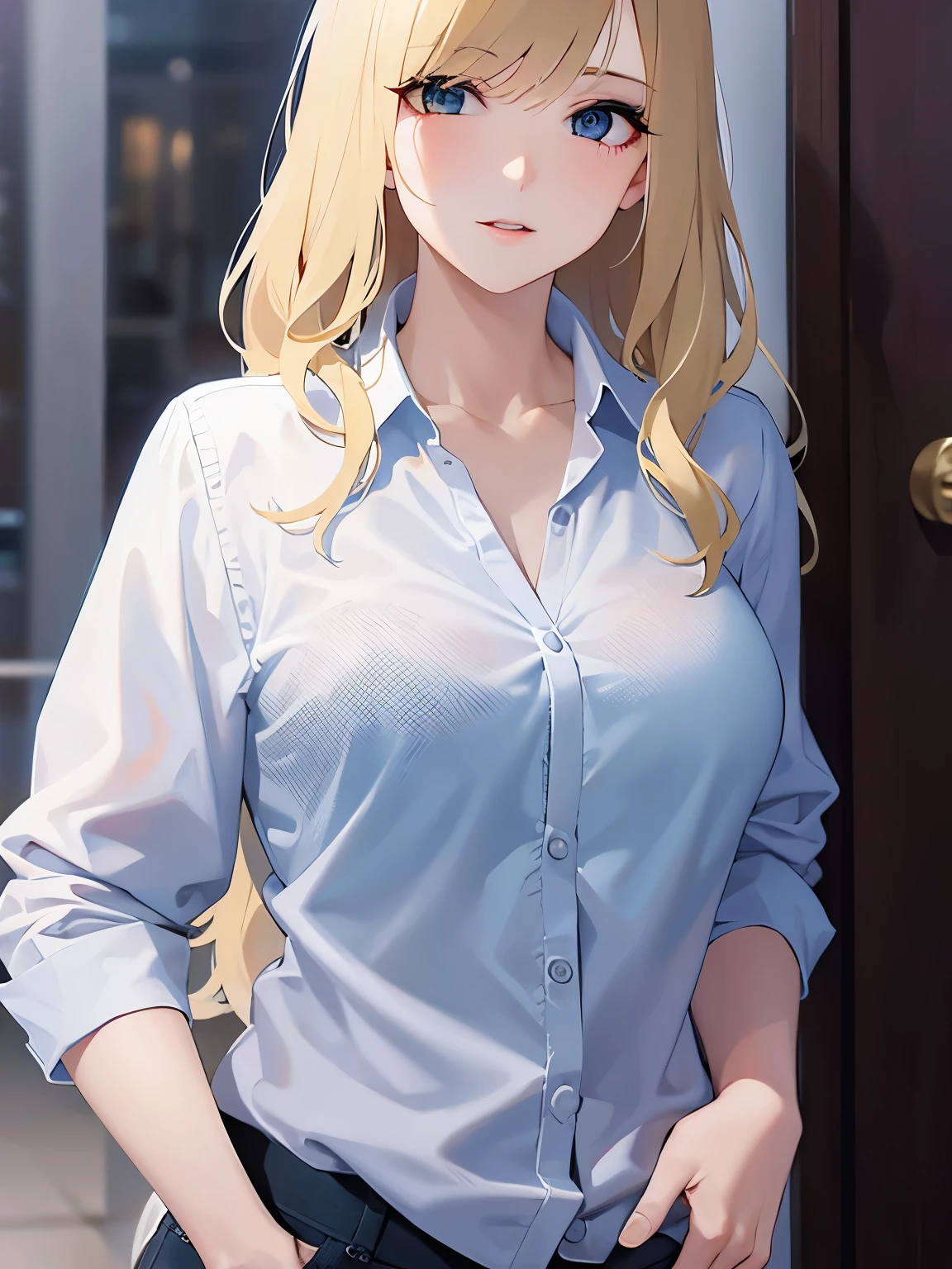 (best quality, highres), portrait, mature woman, blue eyes, long hair, swept-side bang, [[brown hair]], (blonde hair), big breast, high resolution cg 8k, beautiful cg