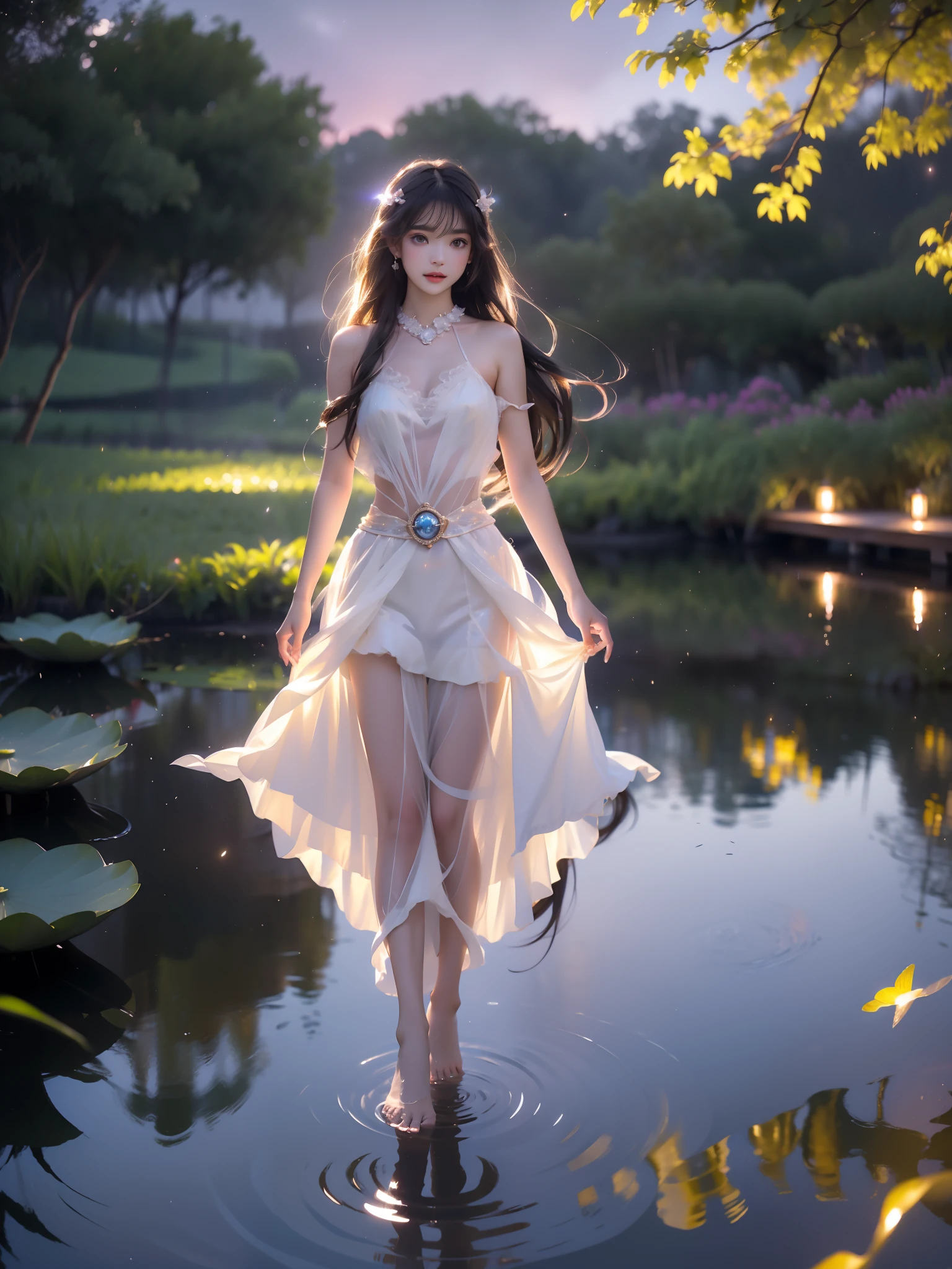 tohkacos
tohkaastral ,,,, A beautiful girl standing in a moonlit lake with water lilies, surrounded by soft ripples and shimmering reflections. Her long flowing hair gently moves with the breeze, glowing ethereally in the black night illuminated by fireflies. The scene captures a serene evening with a starry sky and a misty atmosphere. She has correct and elegant proportions, especially emphasizing her graceful, beautiful legs. revealing bare shoulders, and her delicate facial features display a peaceful expression. The water around her glows with cinematic lighting, creating a dreamy and mysterious mood, with photorealistic detail and a focus on the reflections on the water surface