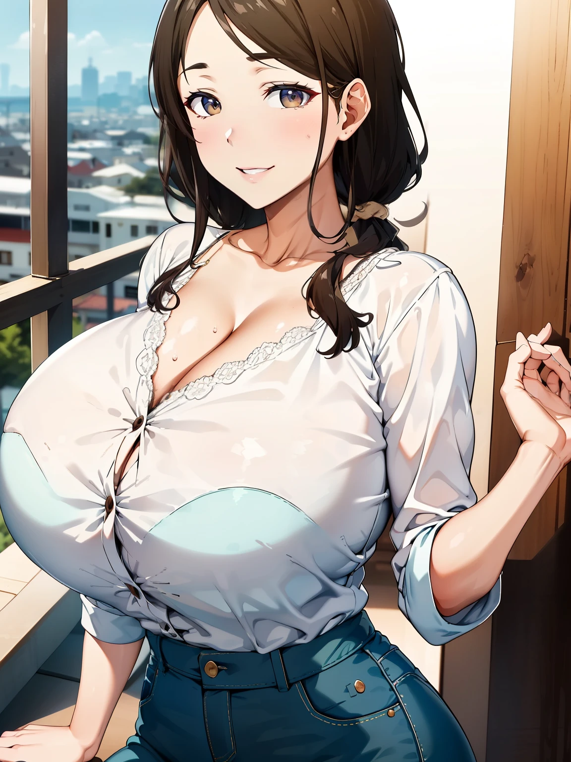 (超High resolution,4K,Very detailed, photograph, 8k, High resolution, High resolution, Absurd:1.2),40-year-old Japanese woman,Expensive,Long black hair,Beautiful character design,Beautifully detailed eye depiction,Perfect Face,Expressive eyes,brown eyes smiling white blouse,Blue Skirt,(Huge breasts:1.2),Narrow waist,On the balcony,Daytime