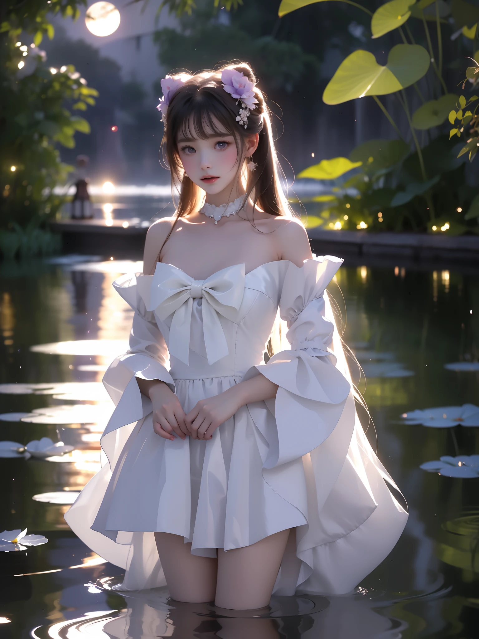 sangonomiya kokomi,hair ornament,white pantyhose,white half gloves,frilled sleeves,bow-shaped hair,bow,detached collar,sandals,white panties,1girl,solo,widesleeves,longhair,purple eyes ,,,, A beautiful girl standing in a moonlit lake with water lilies, surrounded by soft ripples and shimmering reflections. Her long flowing hair gently moves with the breeze, glowing ethereally in the black night illuminated by fireflies. The scene captures a serene evening with a starry sky and a misty atmosphere. She has correct and elegant proportions, especially emphasizing her graceful, beautiful legs. revealing bare shoulders, and her delicate facial features display a peaceful expression. The water around her glows with cinematic lighting, creating a dreamy and mysterious mood, with photorealistic detail and a focus on the reflections on the water surface