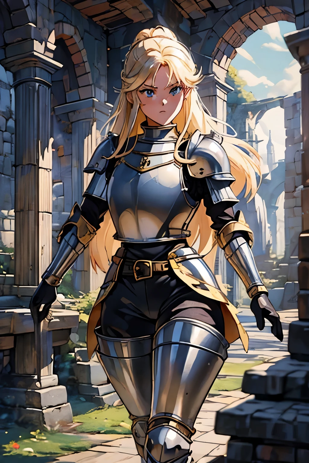 ((ultra-detailed)), (beautiful detailed eyes), (masterpiece), best quality, expressive eyes, perfect face, 1girl, knight, gold armour, white shirt, black shorts, white pantyhose, gold bracers, black gloves, plate armour, knee boots, blonde hair, long hair, walking, knight, paladin, ranger, pirate, armor, rogue, torch, wooden doors, ruins, abandoned, old, moss, stone wall, underground, dungeon, dungeon-background, iron doors, medieval-armor-girl, armored, p line, yoga shorts, retro anime, 1990s anime, (cinematic lighting), (illustration), anime, (((best quality))), best quality