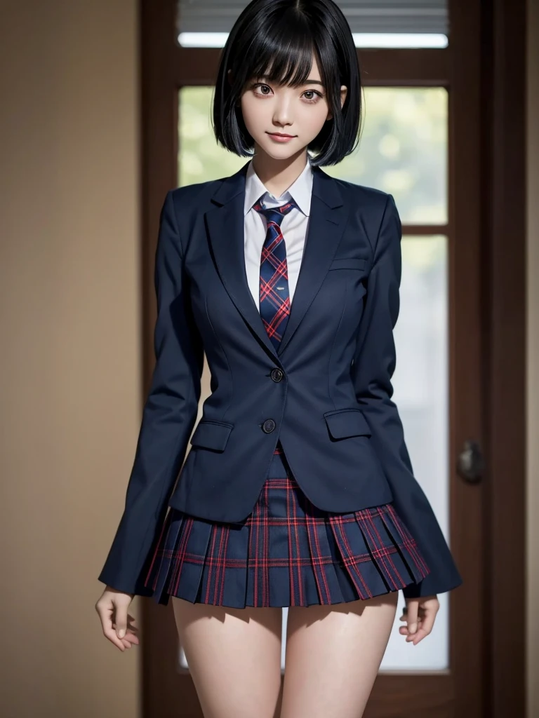 (8k, RAW Photos, Best Quality), Standing in a school classroom, (((((((One woman))))))), ((Black Hair)), ((Medium Bob Hair)), (Asymmetrical bangs), ((Detailed eyes)), ((Long, slender legs)), ((Red ribbon tie)), (((Dark blue closed blazer))), (((A blue plaid pleated miniskirt that wraps around the hips))), (A happy smile), Thighs, knees, Random pose，pretty girl，Slender girl