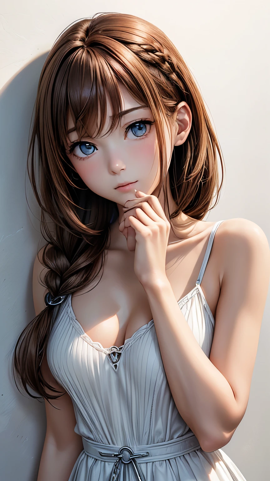 (Best Quality, 8k, 32K, masterpiece:1.2), (RAW Photos), (Realistic), (Realistic:1.2), (High resolution), Very detailedな, Very beautiful face and eyes, 1 girl,  Round and small face, Big breasts and small waist、(((Small breasts)))、(((White wall background)))、Slim figure, (((Redhead)))、(close、Best Quality、Attention to detail、Rich skin texture、)、(Best Quality, 8k,  Tabletop:1.2), Very detailed, (Realistic, Realistic:1.37), (((whole bodyショット)))、Bright colors, (((Hold hands)))、(((sexyな雰囲気)))、(((20-year-old woman)))、((Bust isＤcup))、(((Light Brown Hair)))、(((White background)))、(((Clevis)))、(((Girly Hairstyles)))、(((Long Hair)))、(((In front of a white wall)))、(((Light Brown Hair)))、(((Place your hand on your cheek)))、(((There&#39;s a wicked smile on his face)))、(((Chest circumference is 85cm)))、(((Small breasts mischievous expression)))、Standing posture、whole body、Cute pose、White bra、White panties、Embarrassed expression、sexy、Perfect limbs、Meaty thighs、Big Ass、Plump body、Exposed breasts、Binding、cute