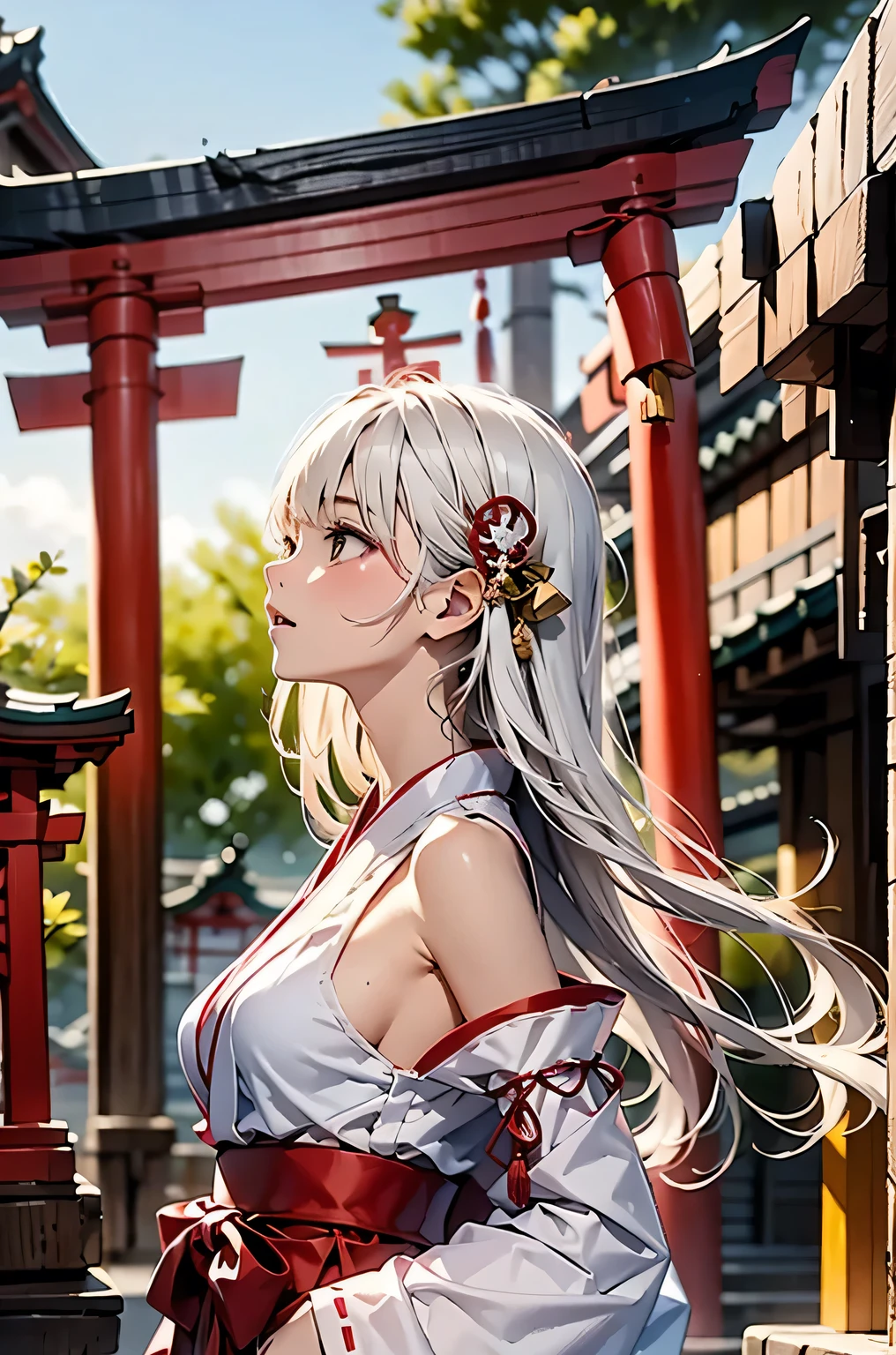  masterpiece, best quality, 1girl, white hair, medium breasts, Shrine maiden, white Shrine maiden clothing、red hakama, Separated sleeves, Exposed shoulders, look up the sky, ruins, from side