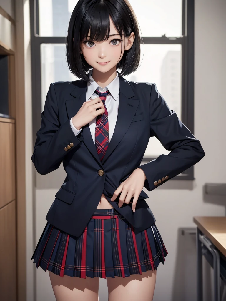 (8k, RAW Photos, Best Quality), Standing in a school classroom, (((((((One woman))))))), ((Black Hair)), ((Medium Bob Hair)), (Asymmetrical bangs), ((Detailed eyes)), ((Long, slender legs)), ((Red ribbon tie)), (((Dark blue closed blazer))), (((A blue plaid pleated miniskirt that wraps around the hips))), (A happy smile), Thighs, knees, Random pose，pretty girl，Slender girl