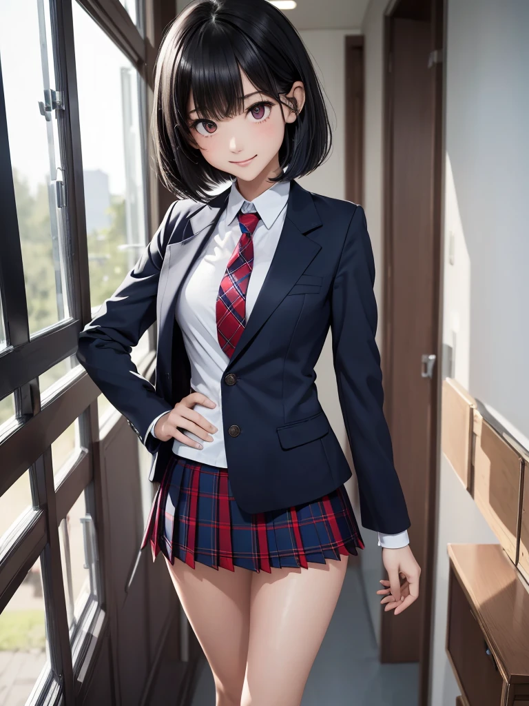 (8k, RAW Photos, Best Quality), Standing in a school classroom, (((((((One woman))))))), ((Black Hair)), ((Medium Bob Hair)), (Asymmetrical bangs), ((Detailed eyes)), ((Long, slender legs)), ((Red ribbon tie)), (((Dark blue closed blazer))), (((A blue plaid pleated miniskirt that wraps around the hips))), (A happy smile), Thighs, knees, Random pose，pretty girl，Slender girl