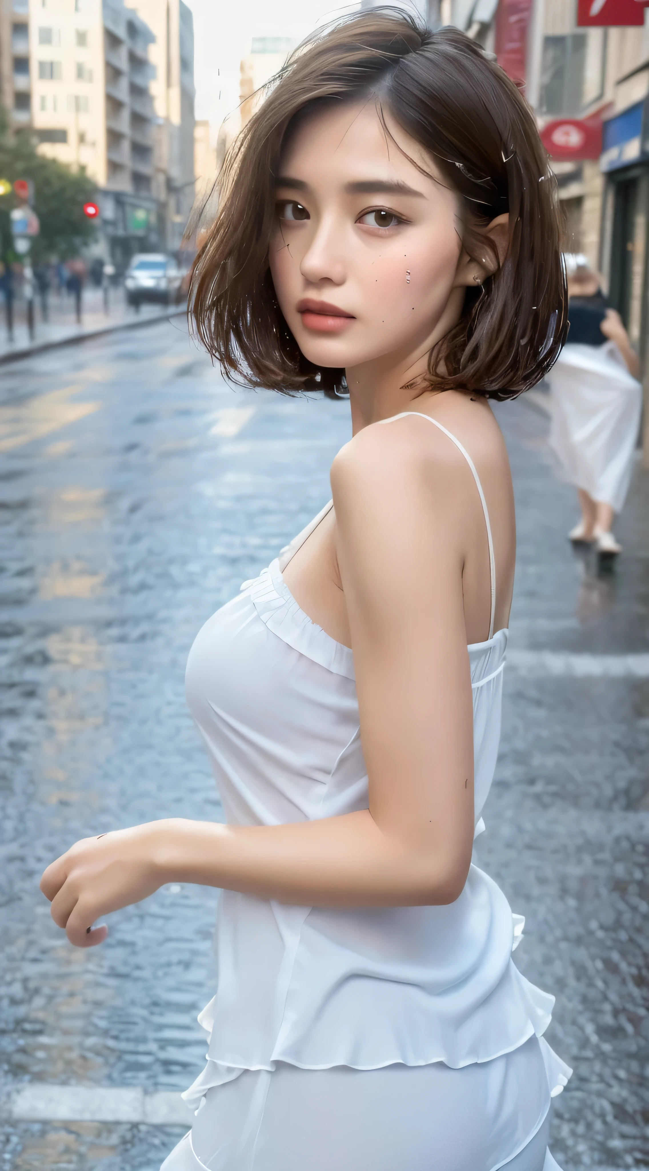 ((Best Quality, 8K, Masterpiece:1.3)), Focus: 1.2, Perfect Body Beauty: 1.4, Buttocks: 1.2, ((Layered Haircut, Breasts: 1.2)), (Wet Clothes: 1.1) , (Rain, Street:1.3), Bandeau Dress: 1.1, Highly Detailed Face and Skin Texture, Delicate Eyes, Double Eyelids, Whitened Skin, Long Hair