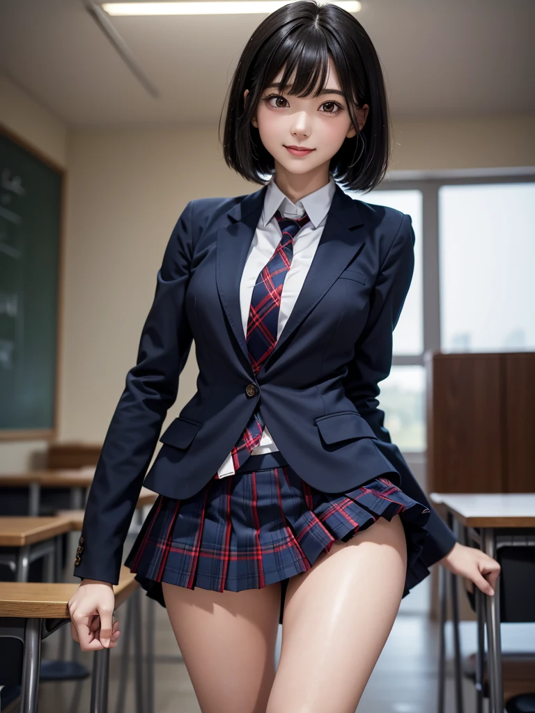 (8k, RAW Photos, Best Quality), Standing in a school classroom, (((((((One woman))))))), ((Black Hair)), ((Medium Bob Hair)), (Asymmetrical bangs), ((Detailed eyes)), ((Long, slender legs)), ((Red ribbon tie)), (((Dark blue closed blazer))), (((A blue plaid pleated miniskirt that wraps around the hips))), (A happy smile), Thighs, knees, Random pose，pretty girl，Slender girl