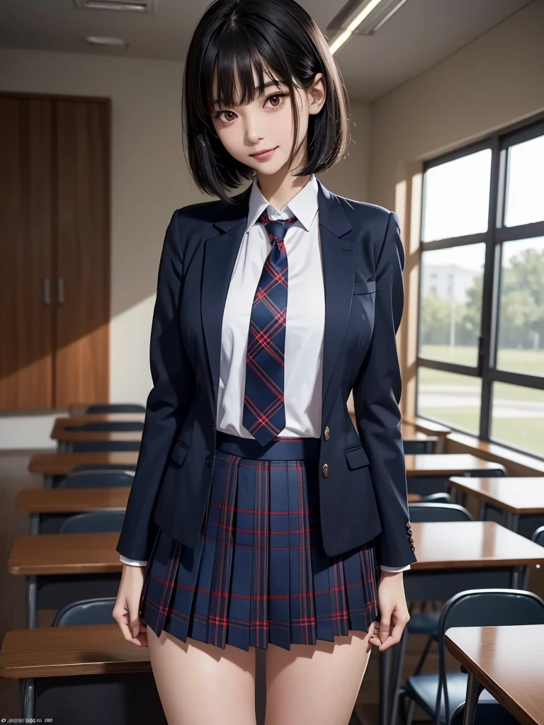 (8k, RAW Photos, Best Quality), Standing in a school classroom, (((((((One woman))))))), ((Black Hair)), ((Medium Bob Hair)), (Asymmetrical bangs), ((Detailed eyes)), ((Long, slender legs)), ((Red ribbon tie)), (((Dark blue closed blazer))), (((A blue plaid pleated miniskirt that wraps around the hips))), (A happy smile), Thighs, knees, Random pose，pretty girl，Slender girl