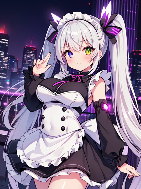 ((1girl),(petite)), (Flying over the city,The night cityscape unfolds below), ((seductive smile), (blush)), (shiny skin:1.5), (wide shot:1.3), (dynamic pose)),  ( masterpiece,best quality,high-resolution), ((Anatomically correct number of limbs),(Anatomically correct number of fingers),(Beautiful five fingers)), (Heterochromia,red eye,green eye),(white and silver hair, long hair, twin tails,shiny hair:1.3), ((big angel wing),(maid),(gothic lolita),(Clothes with purple glitter lines)), ( underboob,(gigantic breasts),(beautiful breasts,curvy)), ((Late Night),cyberpunk cityscape,Japanese style,Vibrant neon glow)