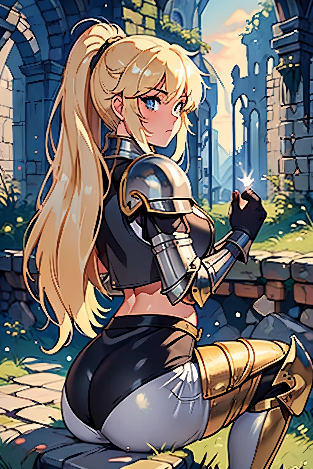 ((ultra-detailed)), (beautiful detailed eyes), (masterpiece), best quality, expressive eyes, perfect face, 1girl, knight, gold armour, white shirt, black shorts, white pantyhose, gold bracers, black gloves, plate armour, knee boots, blonde hair, long hair, knight, paladin, ranger, pirate, knightgirl, armor, rogue, torch, wooden doors, ruins, abandoned, old, moss, stone wall, underground, dungeon, dungeon-background, iron doors, medieval-armor-girl, armored, p line, yoga shorts, retro anime, 1990s anime, (cinematic lighting), (illustration), anime, (((best quality))), best quality, ((back))