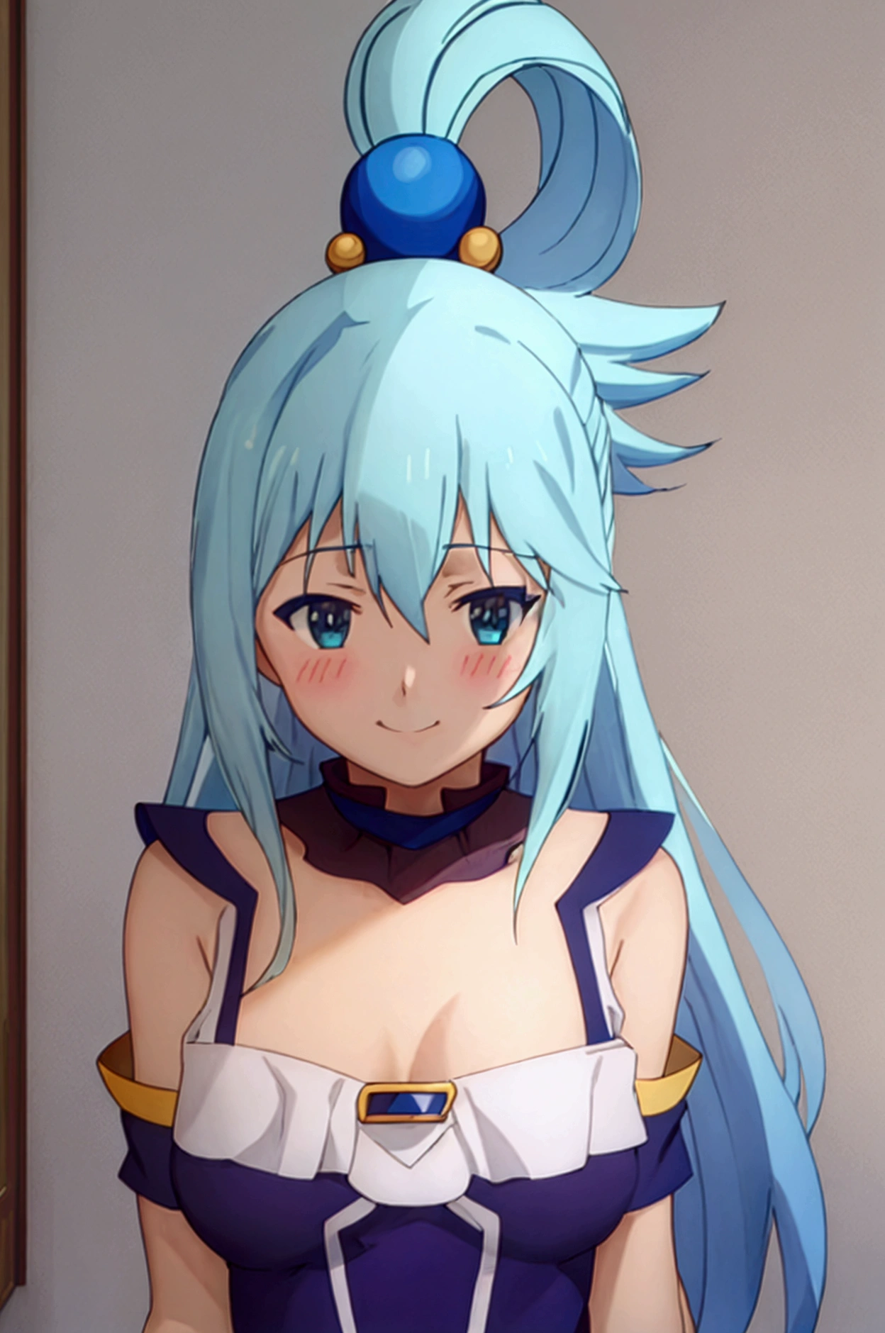 best quality, masterpiece, highres, solo, {aqua_konosuba:0.90}, 1girl, bare_shoulders, collarbone, upper_body, anime_coloring, blush, smile, breasts