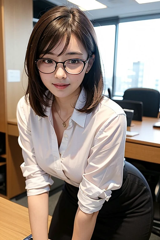 8K、Raw photo、highest quality、masterpiece:1.2)、(realistic、Photoreal:1.37)、super detailed、Super high resolution、1 girl、see the beholder、beautiful and detailed face、laughter、narrow、(slim waist) :1.3)、hair length、Beautiful and smooth skin、skin texture、floating hair、wearing a suit、professional lighting、inside the office、Square glasses with black edging 、human body as a whole、brown hair、Newscaster sitting on a chair with a slightly plump face 