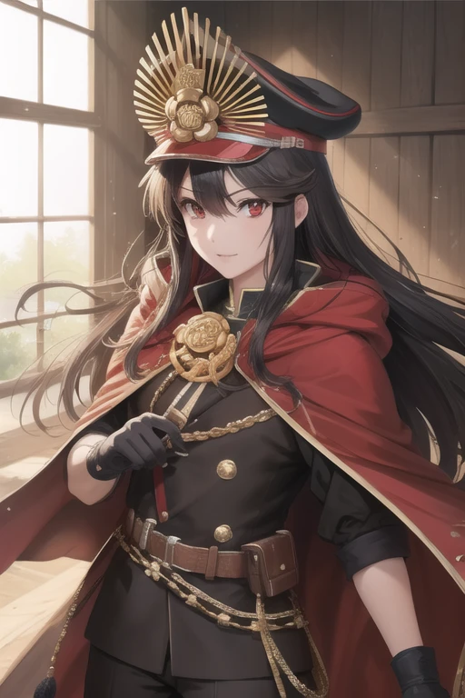 (high resolution, best quality, textile shading:1.2), (detailed, beautiful detailed eyes, super detailed skin:1.1), (caustics, ambient light, sunlight, hard shadows:1.1), cowboy shot, oda nobunaga, black hair, long hair, (red eyes:1.5), chain, cloak, family crest, gloves, grey gloves, hat, military, military hat, military uniform, peaked cap, uniform, red cloak,