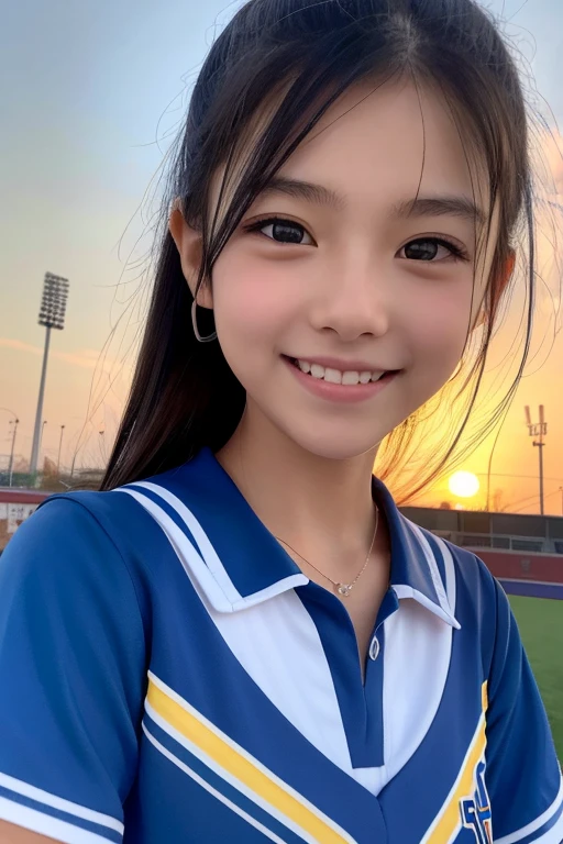 cheergirl uniform, cheerleader, baseball stadium, school, idol, One girl, Japanese, Middle school students, Elementary school student, prety, Sparkling eyes, No body hair, Thin legs, Attention to detail, Highest quality, High resolution, bobbed hair, short bob, ponytail, school uniform, Middle school students, Elementary school student, 10years old, upper body, sunset, moonlight, close up of face, smile, laugh, to be lost in thought, Anatomically correct, Textured skin, high quality, high quality, high details, best quality, highres, super detail, accurate, high details, best quality, highres, super detail, accurate