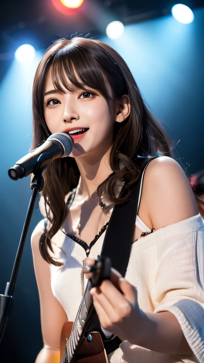 A very cute 16-year-old high school idol girl, Young face,Smiling Kindly,High , Cleavage、Full body portrait, Natural light, Accurate, Anatomically correct, Textured skin, front lighting, f/1.0mm, fujifilm G FX 50R, Regina Display, Super Detail, Attention to detail, high quality, 最high quality, High resolution, Real、realism、Raw photo、Genuine、masterpiece、1080p, hard disk, 4K, 8k, Guitar Heroine, Let's Rock, Solo singer,live