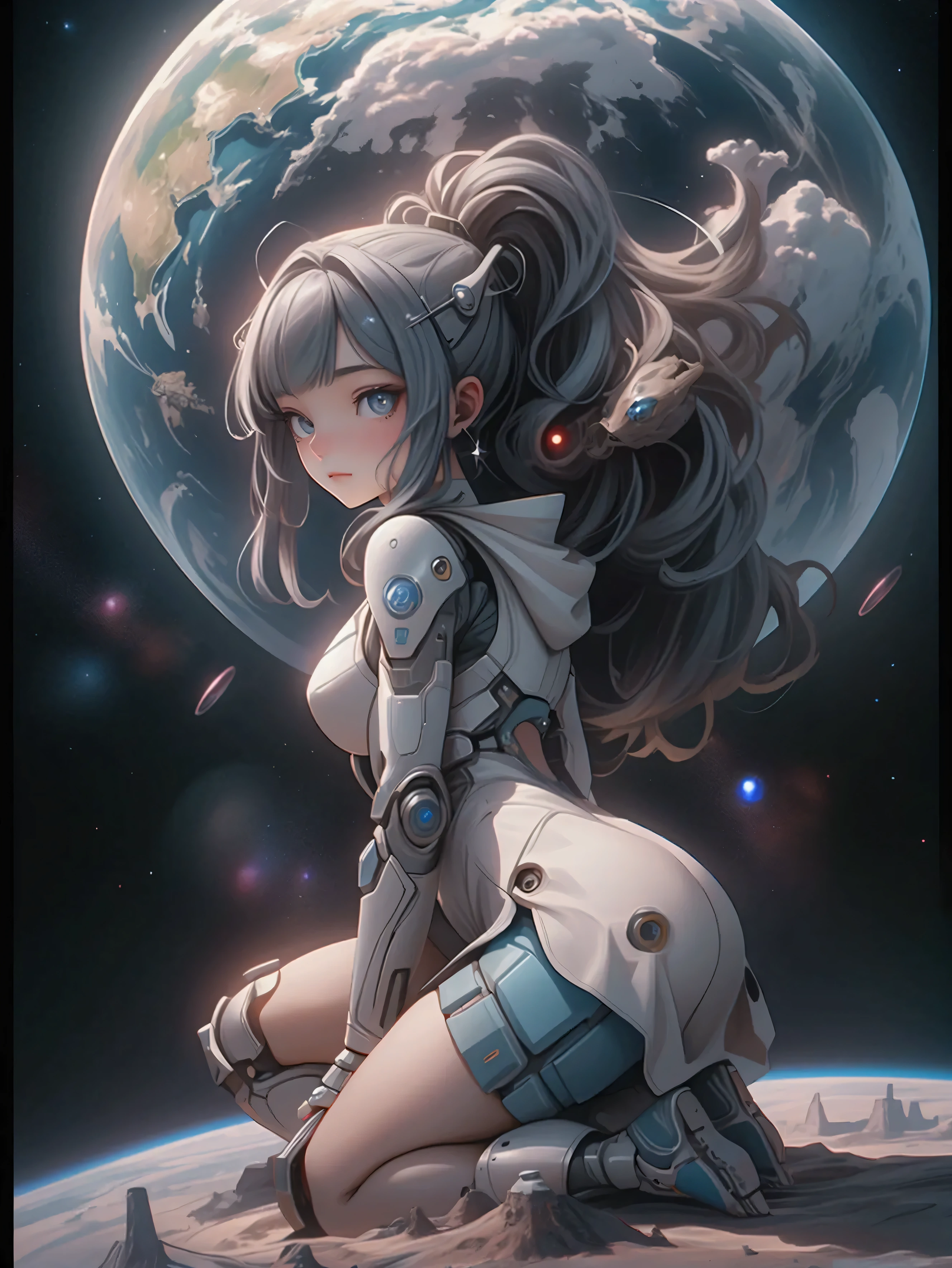 "Create a photorealistic image of a beautiful teenage girl in her late teens, captured from a low-angle view as she kneels on a space colony platform. Her knees are bent, and one hand is touching the ground for balance in a confident, dynamic pose. The background showcases the vast expanse of space, with a breathtaking view of Earth visible in the distance. The scene emphasizes her poised and graceful posture against the stunning backdrop of the universe."