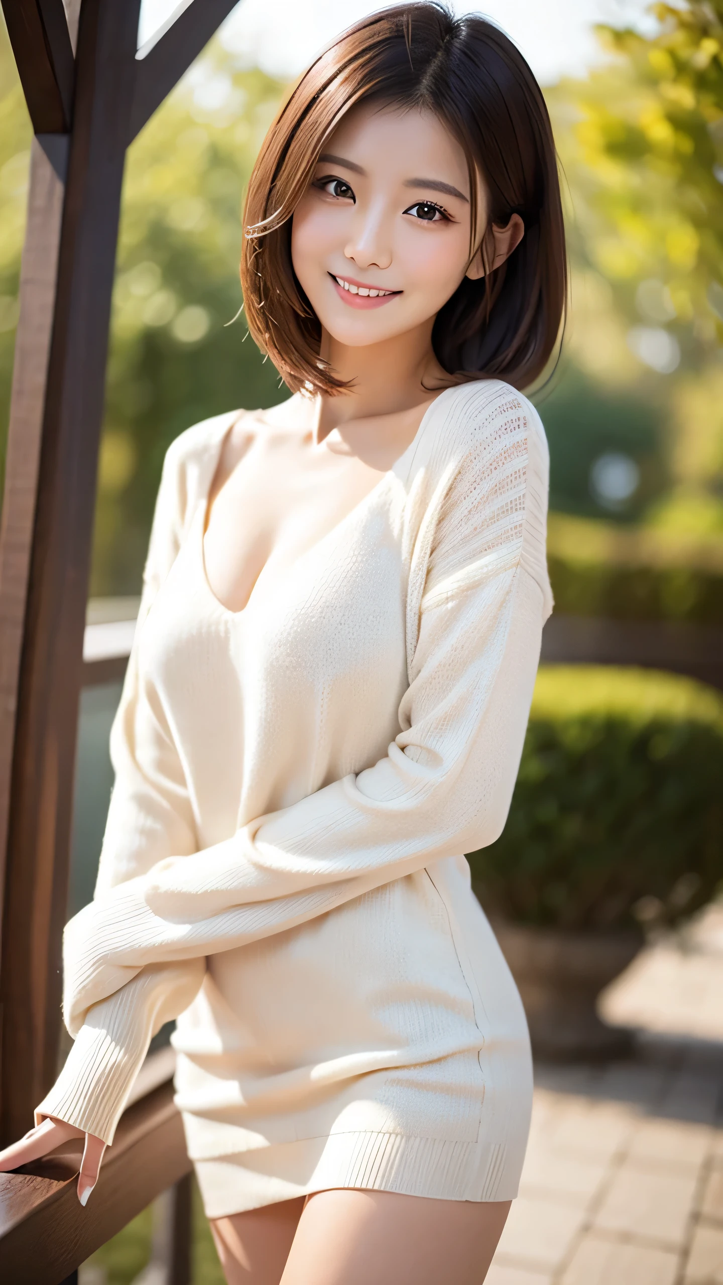 (8k), (highest quality: 1.2), (Realistic), (Realistic: 1.37), Ultra-high resolution,RAW Photos、 1 girl, Head to knee photo、cute, smile, Mouth closed, Beautiful details, Beautiful Nose, whole body, Wet Hair, Giant Dulcefo, pork, , (Small breasts)、Flat Chest、Breast like a 、A tight white blouse and pastel-colored cardigan that clings to her breasts、Nipples are visible through the、Voluptuous thighs、dolly make、Odd Eye、Heterochromia iridis