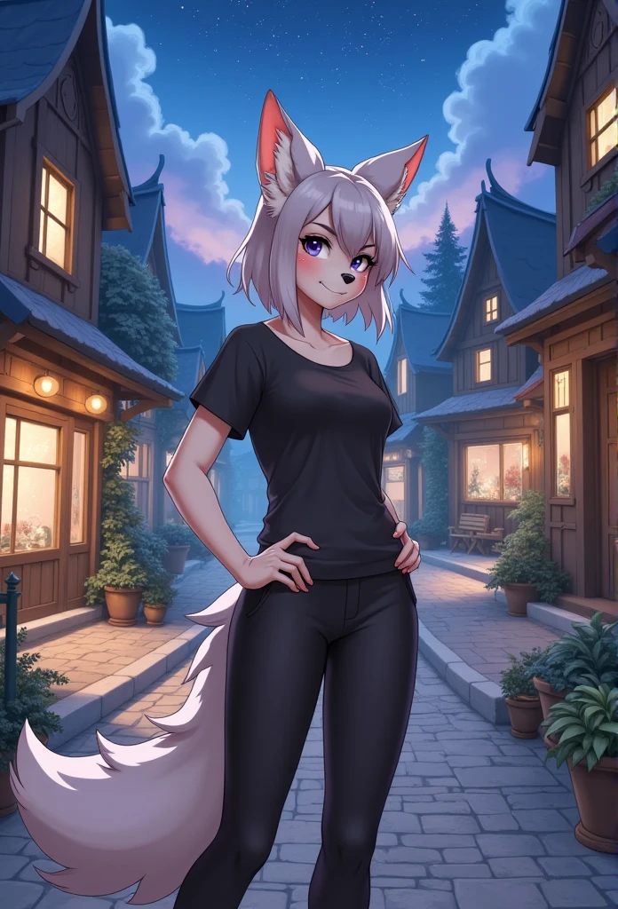 a beautiful anthro furry girl, girl wears black pants, girl wears black shirt, background is night village, masterpiece, best quality, safe