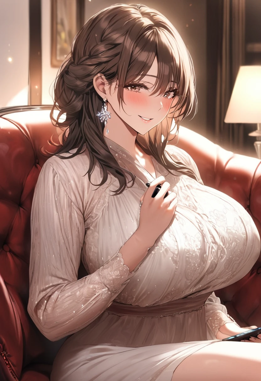 ((Best Quality)), ((masterpiece)), (detailed), (One Woman), Sexy, height１６８A housewife with black hair and huge breasts, 100cm bust, Mature Woman, (((Short dark brown hair))), Mature Woman, A mother with watery eyes, A married woman sitting on a sofa happily holding a smartphone in her hands and operating it with a smile, Staring at smartphone