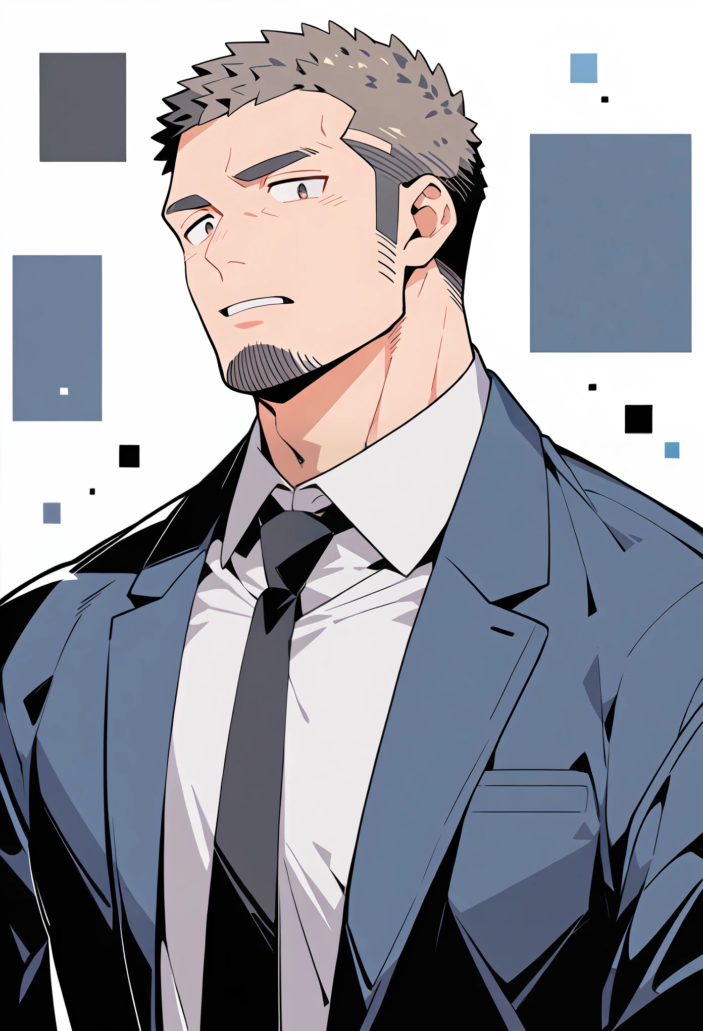 anime characters：Priapus, Muscle office worer, Buzz Cut, Manliness, male focus, Light Grey Office worker's suit, Tie, full and perky chest muscles, muscular male, muscular, Upper body, alone, Black short hair, Thick eyebrows, stubble,
White background, simple background, amazing quality, best aesthetics, Ridiculous, crew cut, parted lips, flustered, endured face, negative space, projected inset, best quality.