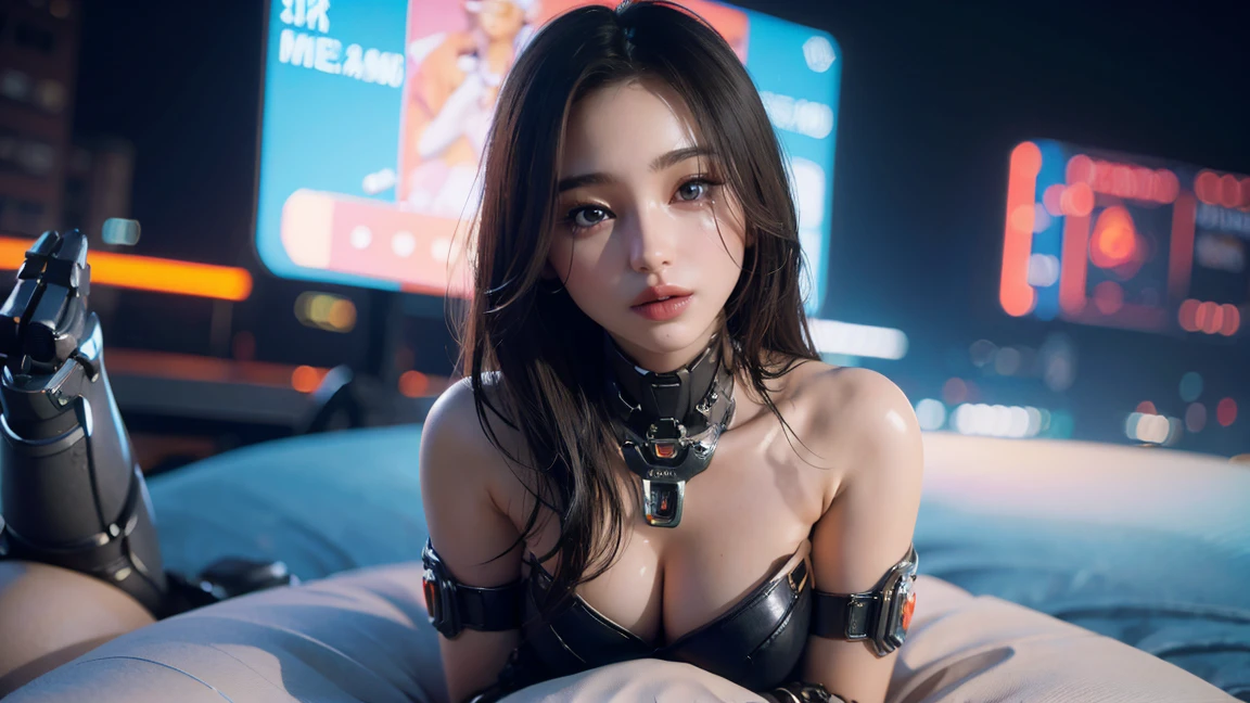 masterpiece、Best Quality、Highest quality、High resolution、Real、RAW Photos、8k、(SF、Cyberpunk night cityscape、Cyberpunk night neon city:1.2)、(One Woman、Alone:1.5)、Petite Girls、Black Hair、Short Hair、Bright deep blue eyes、Long eyelashes、Sharp Eye、Thin Nose、Beautiful Face、Slender body、Android Girl:1.5、nsfw、(Mech Armor:1.5)、(Lower body exposed、topless:1.5)、(on stomach:1.5)