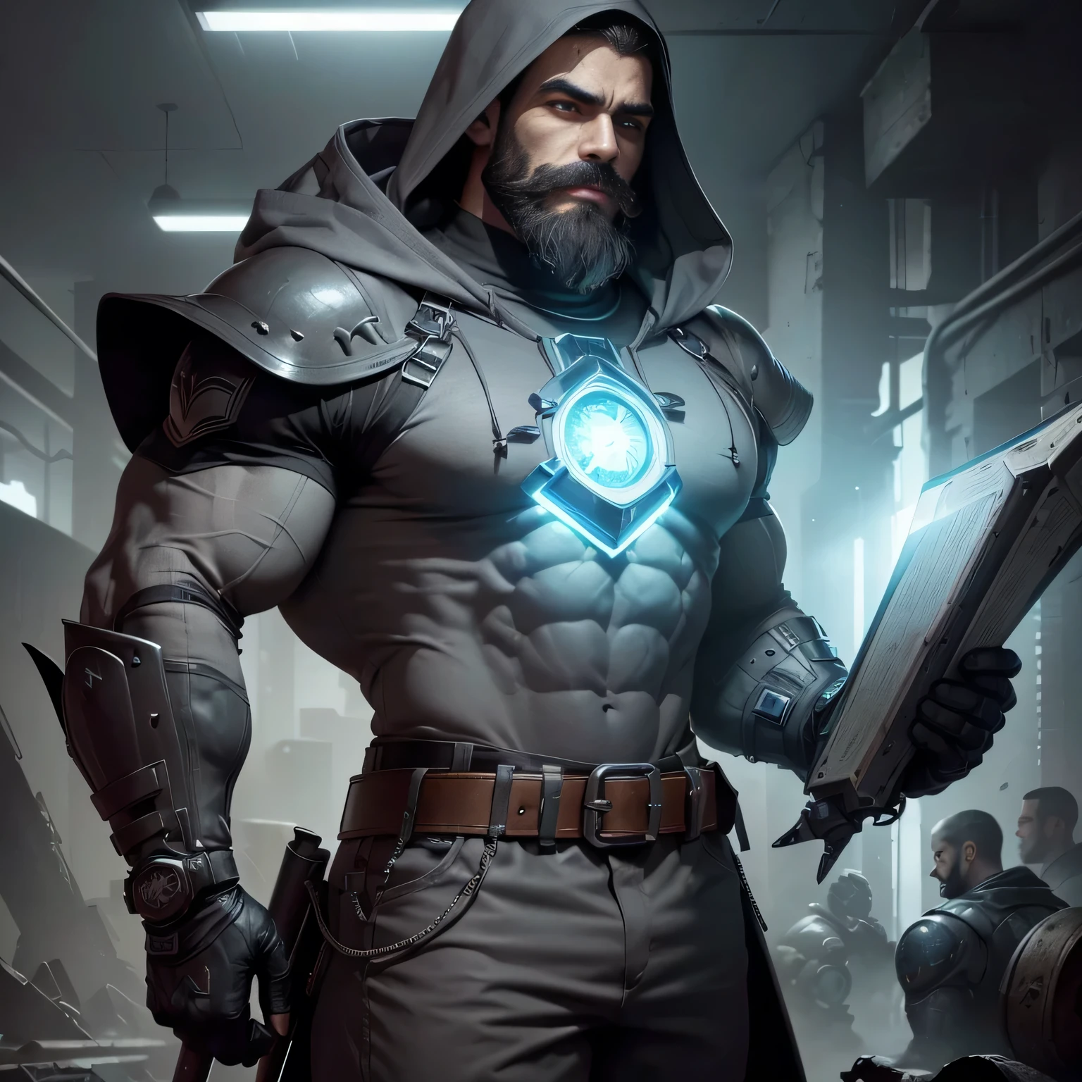 techno mage human (realistic, detailed, 1.8 meters tall, aesthetic tough physique, american shot,very hairy, aesthetic proportions, muscle mountain, massive physique, well-built body, black thick mustache, black thick trimmed short beard, black short hair, brown eyes, very muscular, large muscles, hooded head, wears a mage coat with a hood, wears a grey explorer shirt, wears a grey explorer pant, wears futuristic grey boots, wears a grey upper-body technological armor with a big blue core on the chest, hold a futuristic mage staff) searching in the books of a library in an abandoned futuristic laboratory ruins.