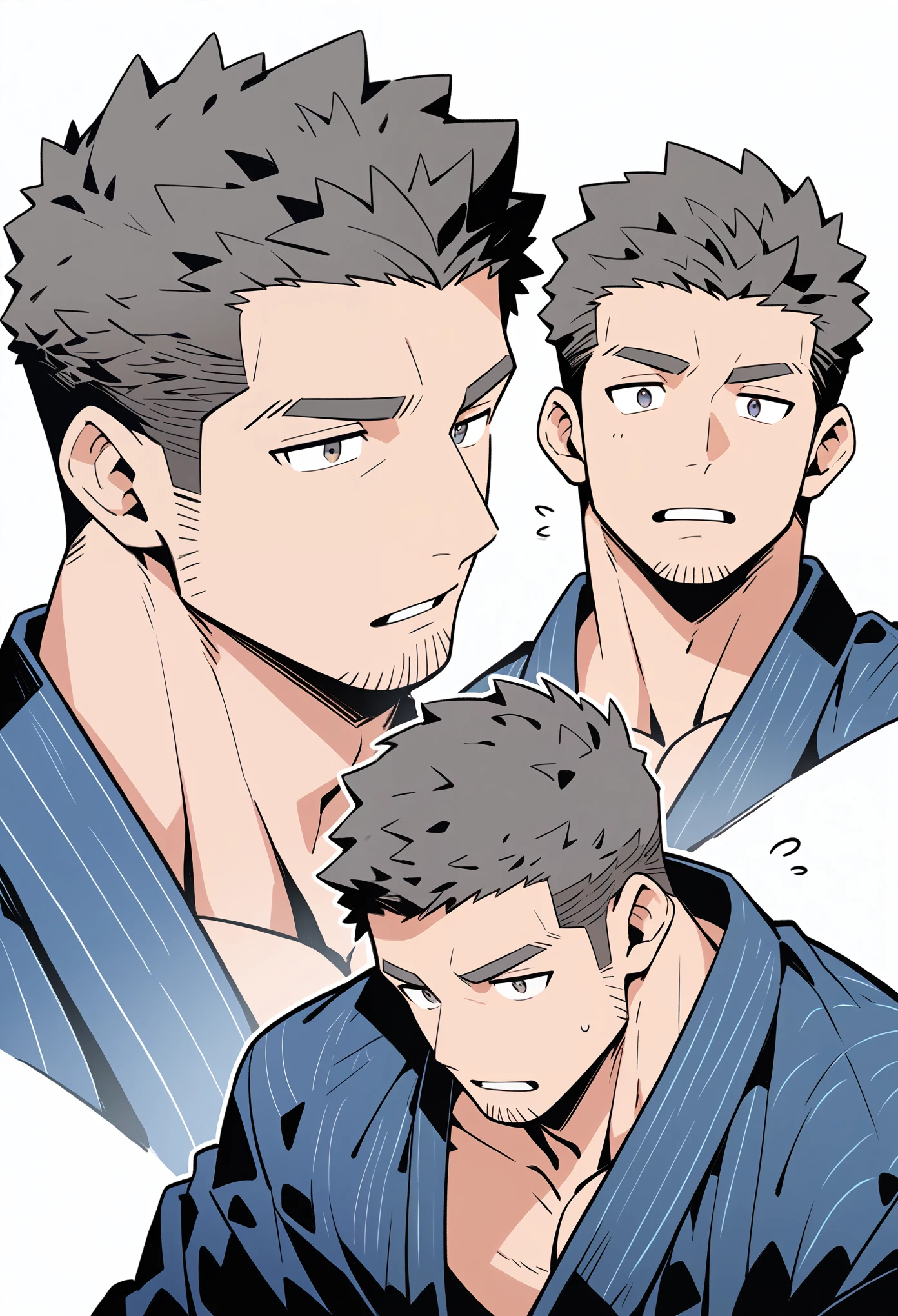 Anime character: Priapus, muscular 30-something male, short hair, masculinity, male focus, blue yukata, full and firm chest muscles, muscular male, muscular, black short hair, thick eyebrows, stubble,White background, simple background, amazing quality, best aesthetics, Ridiculous, crew cut, parted lips, flustered, endured face, negative space, projected inset, best quality.