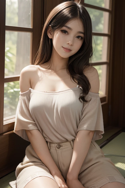 (masterpiece, best quality:1.2), (highres, abstract:1.1), ultra detail, 1girl, cute Japanese girl, 2, sexy pose, cute pose, camisole, off shoulder, parted lips, smile, blush