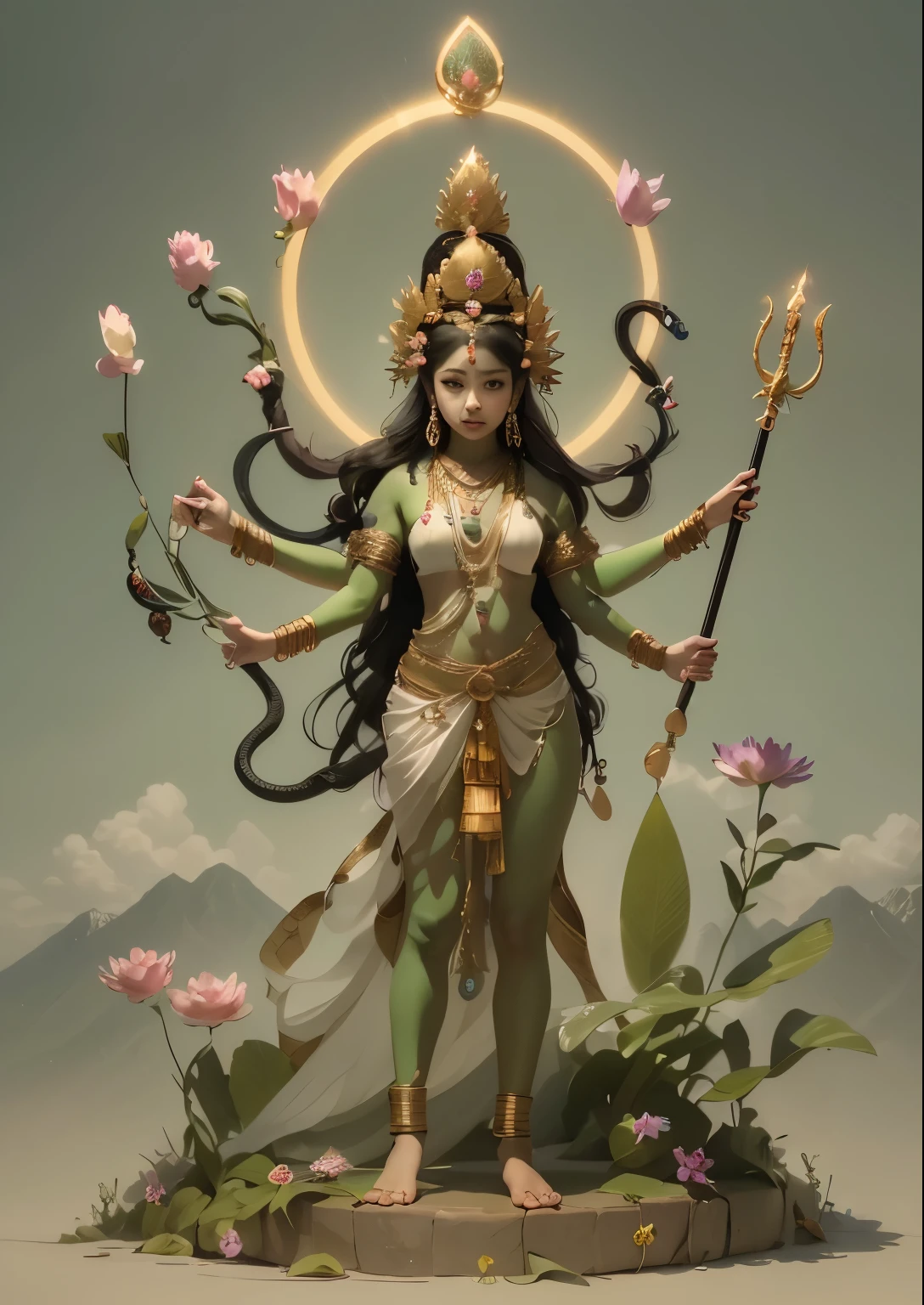 Three-headed goddess，Three young heads，Four arms，Green Skin，Standing barefoot in the garden，Beautiful，Cute ，共有Four arms的女孩，Four arms分别是：Her upper right hand holds a trident halberd.，Lower right hand holding a peacock feather fan，Holding a black snake in the upper left hand，Lower left hand mudra。Black snakes coiled around arms and legs as jewelry，There are also black snakes in the hair，Snake jewelry around the ankle，Wearing a snake as a belt around the waist，The body is on fire，There is a circular light in the background of the head，Surrounded by meadows full of flowers，远处是Daisetsu Mountain，Flowers all around，Forest with trees behind，There are mountains in the distance，Daisetsu Mountain，Beautiful. Extremely high level of detail, divine , female ,Indian Art，Indian culture young girl，