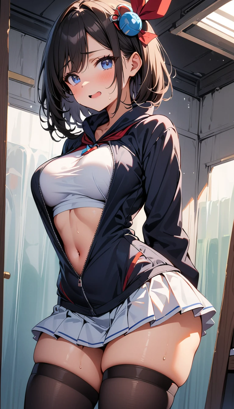 (masterpiece, best quality:1.5), (ultra detailed, high resolution, 8k, beautiful detailed, UHD, best anatomy), 1 cute girl, black hair, medium breasts, sleeves past fingers, Flabby Clothes, Oversized sweatshirt, Flared skirt, Leather boots