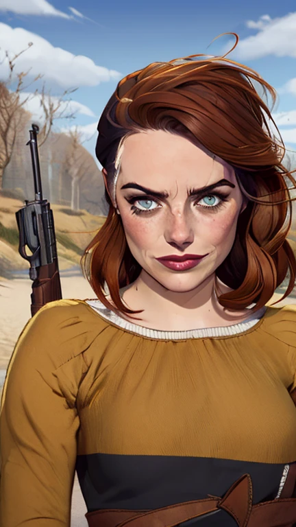 Emma Stone, Woman character jeday style warrior armed with a 38 revolver western style atompunk Fallout 4 Jennifer Connelly le with marks of war Cartoon image of a woman .Ilustra??o estilo desenho animado, estilo de arte dos desenhos animados, estilo de arte dos desenhos animados, digital illustration style, estilo atompunk design de personagens altamente detalhado, arte digital detalhada coragem, Forest fan art, Design de personagens de retrato, beautiful digital illustration, retrato de alta qualidade, Arte em quadrinhos, mulher jovem cabelo com transas lindas . Queen Anna of ArendelleBeautiful lined eyes Medium large bust and wonderful sexy clothes. image expression of sexual desire from waist to head illustration Queen Anne of Arendelle atompunk style Fallout 4 The perspective is from below, enfatizando a majestade e o poder da Gigante." armed with a 38 revolver western style with a 38 revolver in her hands jeday style warrior in summer clothes on the beach