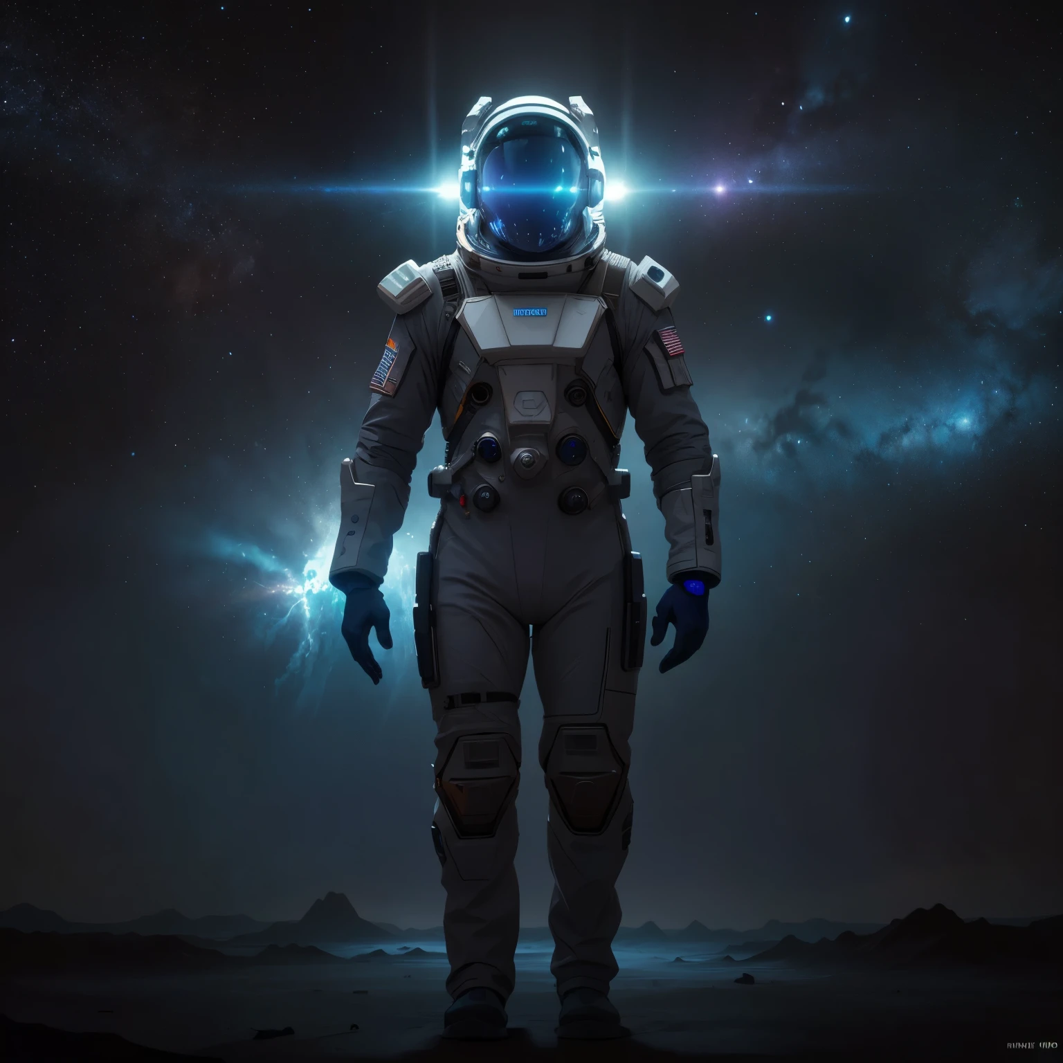 a futuristic sci-fi space suit, astronaut in space suit, floating in outer space, nebula clouds, stars, glowing neon lights, cinematic lighting, 8k, highly detailed, photorealistic, dramatic lighting, sci-fi, concept art