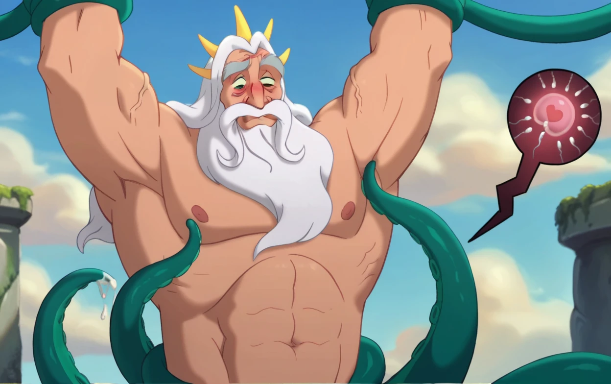 King Triton from Disney, one old man human (70 years old, long white beard and long white mustache, white hair, wrinkled face, old body muscle, old body wrinkles and naked, pregnant forced, swollen belly due to sperm filling, spreading skin, reddened face expression and embarrassed by his belly and old body, penis erected and cumming, arms raised hands, mouth filled with sperm) Triton tied by tentacles, Triton is submissive and sex slave, bondage, he is raped by tentacles, their tentacles is fucking in the back of the old man nsfw, ass fucked by tentacles handsome, tentacles cumming.