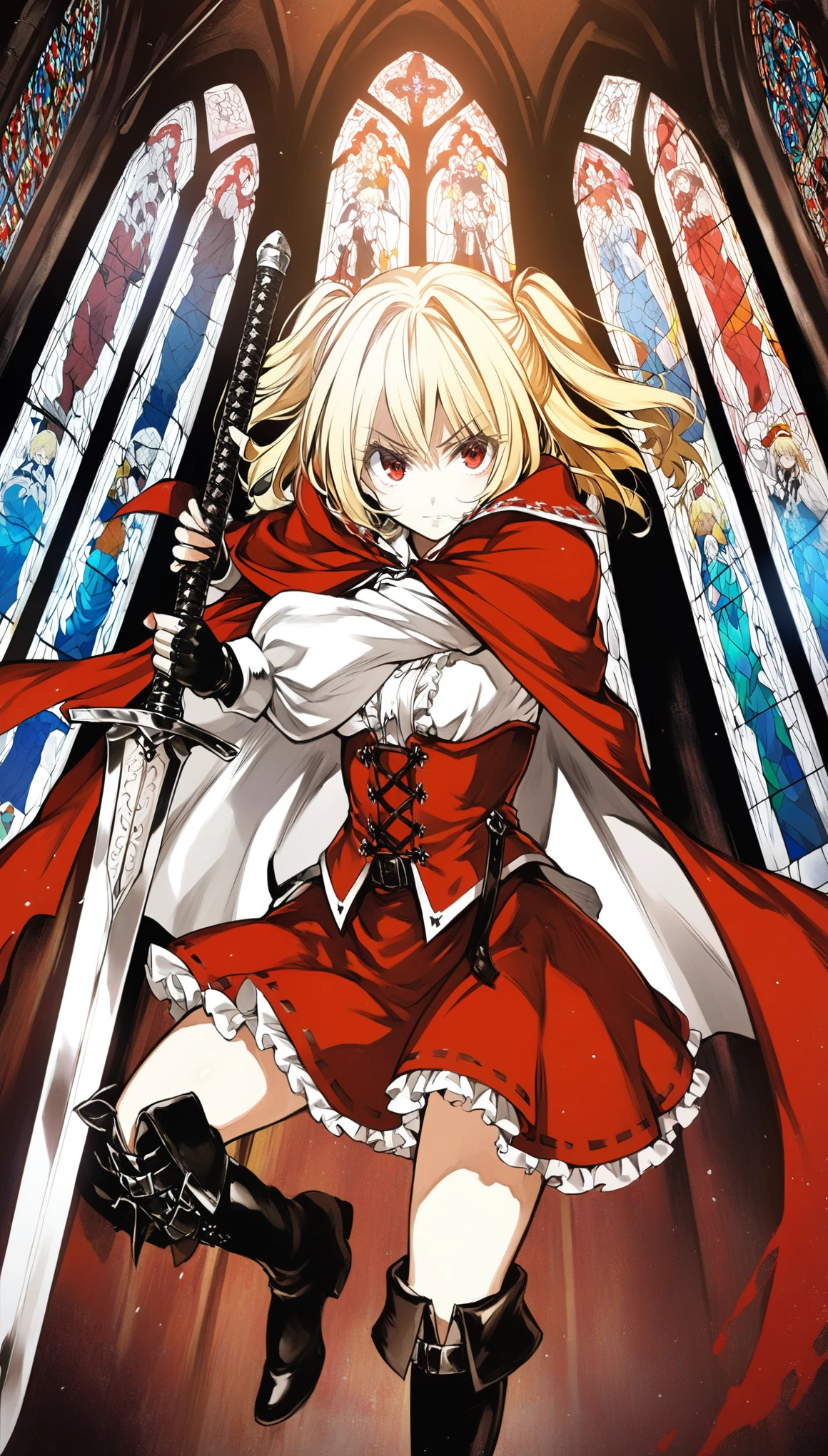 1girl, solo, cowboy shot, white shirts, red long cape cloak, red corset, frills red skirt, black fingerless gloves, knee boots, blonde, two side up, red eye,
Sword carried diagonally, Anime Girls, dutch angle, acrobatic pose, Gloomy painting style, holding a sword, church, stained glass
Score_9,Score_8,score_7_up,source_anime, rating_questionable,