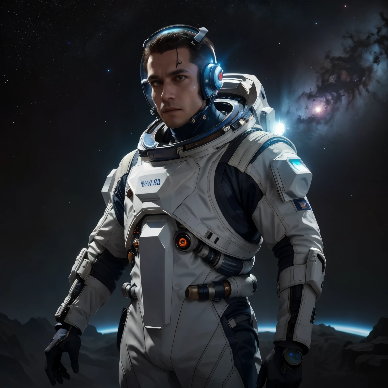 a futuristic sci-fi space suit, astronaut in space suit, floating in outer space, nebula clouds, stars, glowing neon lights, cinematic lighting, 8k, highly detailed, photorealistic, dramatic lighting, sci-fi, concept art