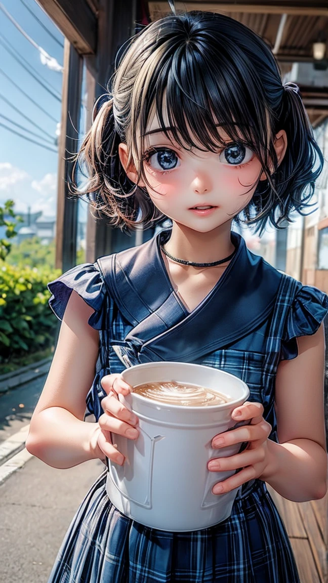 (RAW photo, best quality, masterpiece: 1.2), (photorealistic: 2), (Polish girl, 20 years old, black hair, Light grey eyes, short bob cut, hair in 7 thirds, hair over one ear, Symmetrical eyes, solo, Detailed Skin:1.1), White oversized sweatshirt, dark grey pants, white sneakers, small pearl necklace, sitting Indian style on the grass, drinking cafe latte from a clear cup with a green straw, angled from above, looking up, sunny