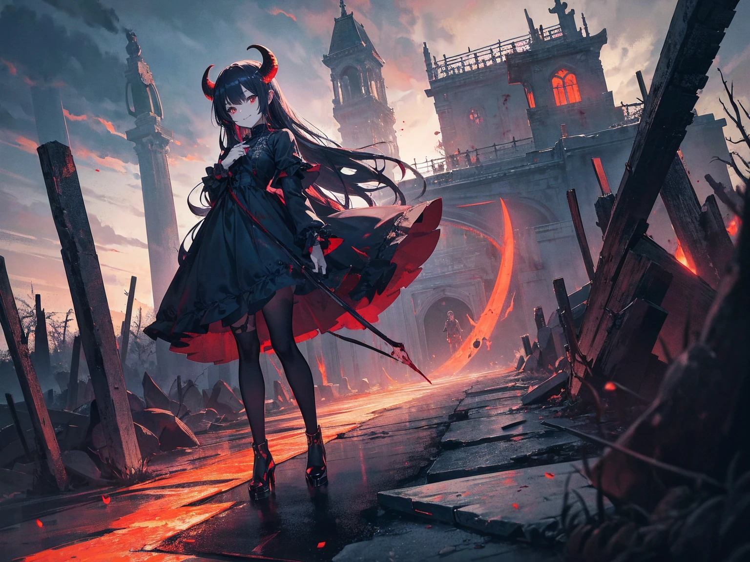 , Perfect Eyes, Soft Light, high quality, 4K resolution, masterpiece: Fine skin, Attention to detail, 最high quality, Awards, Very detailed, high quality, devilの女王、Horned goat, Gothic Dress, Living in the depths of hell, Lava flow, Blue Long Hair, Blue Eyes, Red High Heels, Navy Blue Dress、Shadowy Face　、Have a weapon、Staring at the audience with a frightened expression、beautifulgirl、とてもcute天使、Pink Gothic Fashion、cute、baby face、smile、Long skirt、Black Long Boots、.(最high quality,4K,High resolution,masterpiece:1.2),Very detailed,Realistic:1.37,Spooky altar background,Dark fantasy,Red color scheme,Ominous atmosphere,Eye-catching,Monogatari Anatomy,Anime Style,Concept Art,beautifulAttention to detail顔と (((Red eyes ))),A terrifying ritual ,devilの儀式,Premature death,Inappropriate behavior,クレイジーなsmile,Scythe Face,Girl Monster, beautiful繊細な顔立ち, Sharp Eye, Sharp Fangs, pale Skin, Dark Background Cinema Lighting, Dramatic Shadows, Gothic style, Grotesque atmosphere, Dark fantasy, One person&#39;S, Please open your mouth wide, Open your mouth and baring your teeth,Sharp teeth like a beast, Wide lips, Very wide mouth, Red cheeks, ,(Blood splatter:1.4),Scary smile, smile,Angel Design, TwiSted smile、Bloody、Head bleeding,,,,,、Blood splatter、,(Blood splatter:1.4),skull,devil&#39;gun,Horror Style, ((Fantasy Sweet Ta Frill Pink Costume)), ((Flowing blonde hair)), ,(Blood splatter:1.4),Female Curves, Sexy flat stomach, Perfect hands, Perfect anime character face, (Pink Tata Dress)), Standing, ((邪悪なsmile)), ,(Blood splatter:1.4), Steam circulation, Moonlight Illumination, night lighting, (Blood splatter:1.6),アニメAngel Design, TwiSted smile、Bloody、Head bleeding,,,,,、Blood splatter、,(Blood splatter:1.4), skull,Gothic architecture、Western architecture、ファンタジーのworld、,Victorian city, Skeleton Gas Light,Absurd, High resolution、 ((Tabletop)), ((最high quality)), (Very detailedな), ((Very detailed)), (beautiful), ((cute)), (NFSW:1.8), One personで,(:1.6)、(world&#39;最も恐ろしく不気味なdevilの少女:1.5)beautifulface、Full Body Ezbian、pale, beautiful肌、beautiful金の髪、smile gently、Dark building ruins、(snow white&#39;Frill dress:1.3)、(The dark ruins are stained with blood:1.3)、Low angle full body shot、(少女は血の池の中にStanding:1.5)、(The ground is full of blood:1.3)、(The girl lost a lot of blood......:1.3)、(クレイジーなsmile:1.6)、Spirits、(Blood dripping from the mouth:1.3)、
