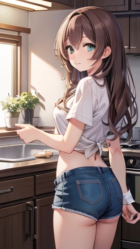 ((Tabletop, Highest quality, High resolution, , Pixel Perfect, 4K,))), 1 female, 、The whole body is visible、 ((Long Wavy Hair, bangs, Brown Hair)), ((Brown eyes, Beautiful eyelashes, Realistic eyes)), ((Detailed face, Blushing:1.2)), ((Smooth texture:0.75, Realistic texture:0.65, Realistic:1.1, Anime CG Style)), Medium sized breasts, Dynamic Angle, Perfect body, (( , , White camisole、No bra、、 Tight jeans pants、Take off your pants below your knees、Panties are visible、I can see her lacy white panties、、)), Gold Hair Ornament、Cross Necklace、、Very embarrassing panic smile, 、、、、、Leaning forward、Nipples are slightly visible、、、Place both hands on the wall and stretch your arms out、Stick your butt out、Luxury apartment kitchen、、、、、、 、)、