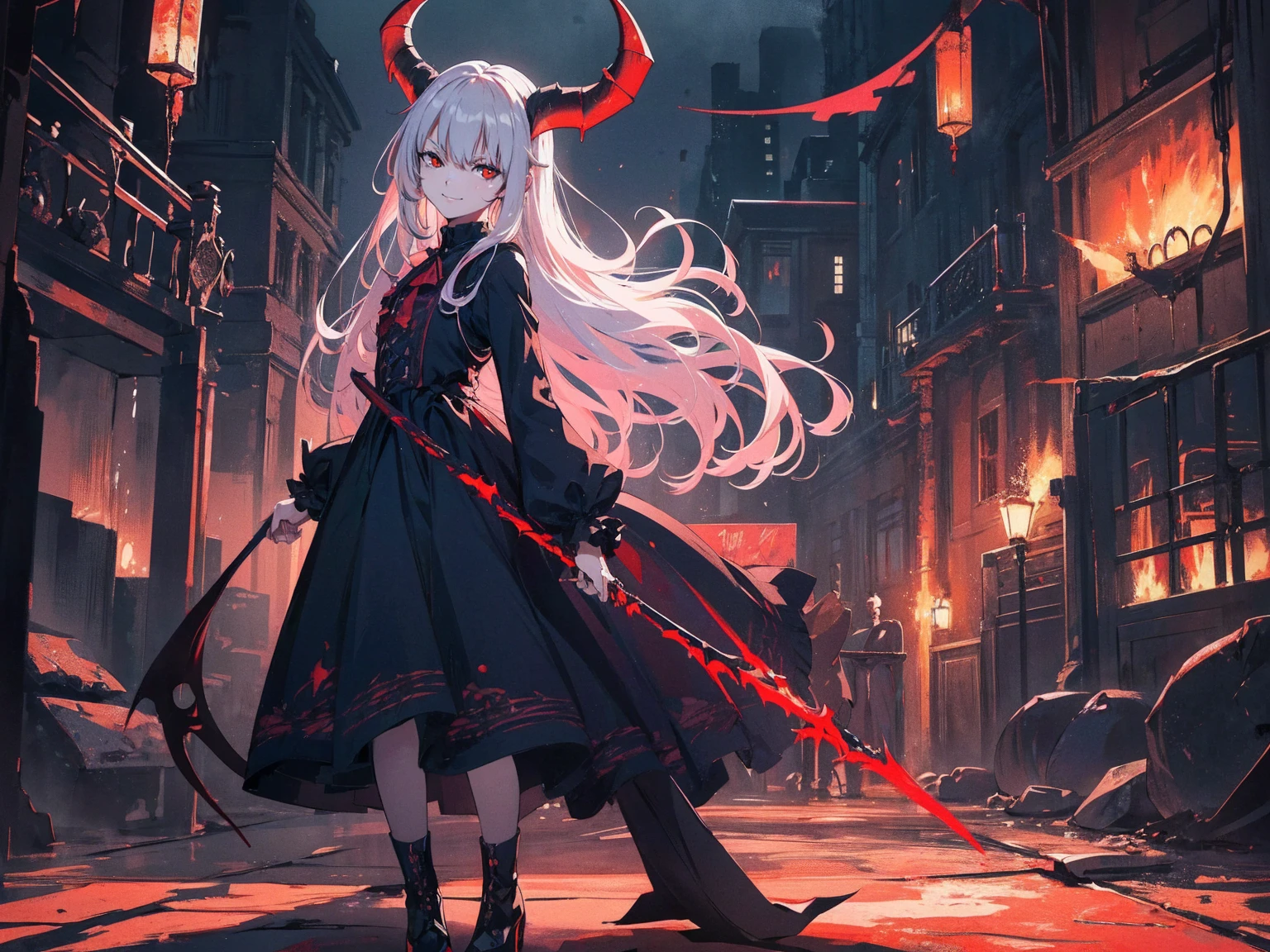 , Perfect Eyes, Soft Light, high quality, 4K resolution, masterpiece: Fine skin, Attention to detail, 最high quality, Awards, Very detailed, high quality, devilの女王、Horned goat, Gothic Dress, Living in the depths of hell, Lava flow, Blue Long Hair, Blue Eyes, Red High Heels, Navy Blue Dress、Shadowy Face　、Have a weapon、Staring at the audience with a frightened expression、beautifulgirl、とてもcute天使、Pink Gothic Fashion、cute、baby face、smile、Long skirt、Black Long Boots、.(最high quality,4K,High resolution,masterpiece:1.2),Very detailed,Realistic:1.37,Spooky altar background,Dark fantasy,Red color scheme,Ominous atmosphere,Eye-catching,Monogatari Anatomy,Anime Style,Concept Art,beautifulAttention to detail顔と (((Red eyes ))),A terrifying ritual ,devilの儀式,Premature death,Inappropriate behavior,クレイジーなsmile,Scythe Face,Girl Monster, beautiful繊細な顔立ち, Sharp Eye, Sharp Fangs, pale Skin, Dark Background Cinema Lighting, Dramatic Shadows, Gothic style, Grotesque atmosphere, Dark fantasy, One person&#39;S, Please open your mouth wide, Open your mouth and baring your teeth,Sharp teeth like a beast, Wide lips, Very wide mouth, Red cheeks, ,(Blood splatter:1.4),Scary smile, smile,Angel Design, TwiSted smile、Bloody、Head bleeding,,,,,、Blood splatter、,(Blood splatter:1.4),skull,devil&#39;gun,Horror Style, ((Fantasy Sweet Ta Frill Pink Costume)), ((Flowing blonde hair)), ,(Blood splatter:1.4),Female Curves, Sexy flat stomach, Perfect hands, Perfect anime character face, (Pink Tata Dress)), Standing, ((邪悪なsmile)), ,(Blood splatter:1.4), Steam circulation, Moonlight Illumination, night lighting, (Blood splatter:1.6),アニメAngel Design, TwiSted smile、Bloody、Head bleeding,,,,,、Blood splatter、,(Blood splatter:1.4), skull,Gothic architecture、Western architecture、ファンタジーのworld、,Victorian city, Skeleton Gas Light,Absurd, High resolution、 ((Tabletop)), ((最high quality)), (Very detailedな), ((Very detailed)), (beautiful), ((cute)), (NFSW:1.8), One personで,(:1.6)、(world&#39;最も恐ろしく不気味なdevilの少女:1.5)beautifulface、Full Body Ezbian、pale, beautiful肌、beautiful金の髪、smile gently、Dark building ruins、(snow white&#39;Frill dress:1.3)、(The dark ruins are stained with blood:1.3)、Low angle full body shot、(少女は血の池の中にStanding:1.5)、(The ground is full of blood:1.3)、(The girl lost a lot of blood......:1.3)、(クレイジーなsmile:1.6)、Spirits、(Blood dripping from the mouth:1.3)、
