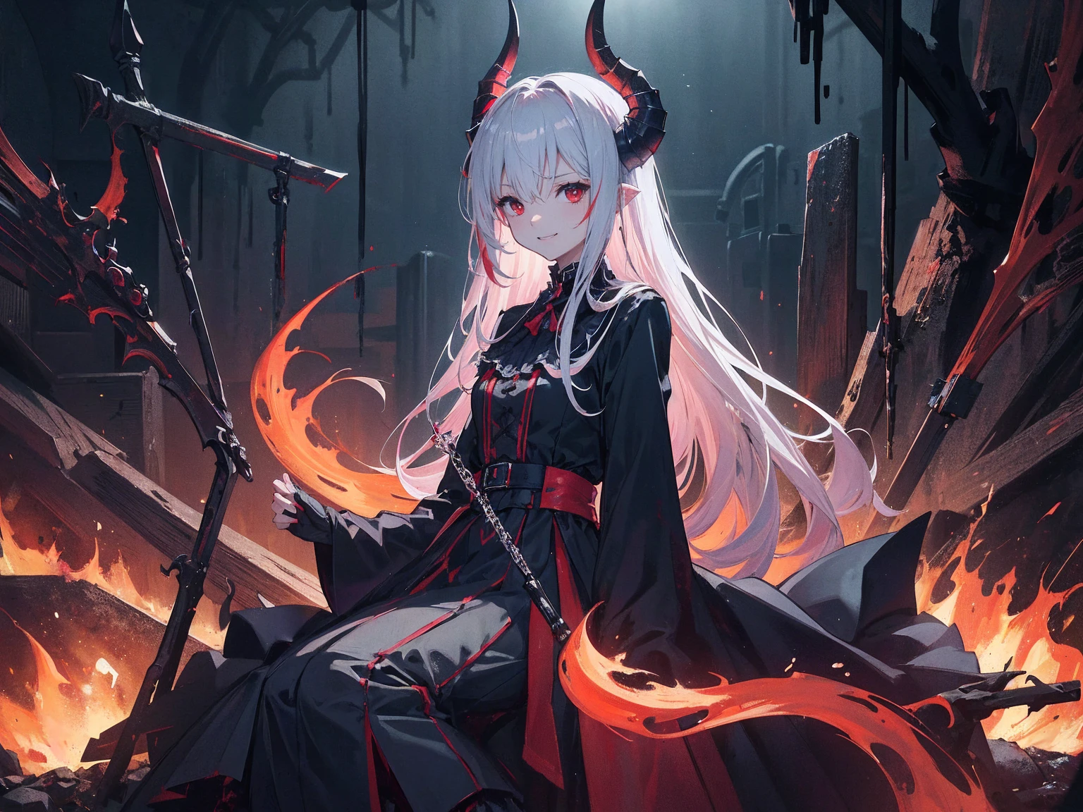 , Perfect Eyes, Soft Light, high quality, 4K resolution, masterpiece: Fine skin, Attention to detail, 最high quality, Awards, Very detailed, high quality, devilの女王、Horned goat, Gothic Dress, Living in the depths of hell, Lava flow, Blue Long Hair, Blue Eyes, Red High Heels, Navy Blue Dress、Shadowy Face　、Have a weapon、Staring at the audience with a frightened expression、beautifulgirl、とてもcute天使、Pink Gothic Fashion、cute、baby face、smile、Long skirt、Black Long Boots、.(最high quality,4K,High resolution,masterpiece:1.2),Very detailed,Realistic:1.37,Spooky altar background,Dark fantasy,Red color scheme,Ominous atmosphere,Eye-catching,Monogatari Anatomy,Anime Style,Concept Art,beautifulAttention to detail顔と (((Red eyes ))),A terrifying ritual ,devilの儀式,Premature death,Inappropriate behavior,クレイジーなsmile,Scythe Face,Girl Monster, beautiful繊細な顔立ち, Sharp Eye, Sharp Fangs, pale Skin, Dark Background Cinema Lighting, Dramatic Shadows, Gothic style, Grotesque atmosphere, Dark fantasy, One person&#39;S, Please open your mouth wide, Open your mouth and baring your teeth,Sharp teeth like a beast, Wide lips, Very wide mouth, Red cheeks, ,(Blood splatter:1.4),Scary smile, smile,Angel Design, TwiSted smile、Bloody、Head bleeding,,,,,、Blood splatter、,(Blood splatter:1.4),skull,devil&#39;gun,Horror Style, ((Fantasy Sweet Ta Frill Pink Costume)), ((Flowing blonde hair)), ,(Blood splatter:1.4),Female Curves, Sexy flat stomach, Perfect hands, Perfect anime character face, (Pink Tata Dress)), Standing, ((邪悪なsmile)), ,(Blood splatter:1.4), Steam circulation, Moonlight Illumination, night lighting, (Blood splatter:1.6),アニメAngel Design, TwiSted smile、Bloody、Head bleeding,,,,,、Blood splatter、,(Blood splatter:1.4), skull,Gothic architecture、Western architecture、ファンタジーのworld、,Victorian city, Skeleton Gas Light,Absurd, High resolution、 ((Tabletop)), ((最high quality)), (Very detailedな), ((Very detailed)), (beautiful), ((cute)), (NFSW:1.8), One personで,(:1.6)、(world&#39;最も恐ろしく不気味なdevilの少女:1.5)beautifulface、Full Body Ezbian、pale, beautiful肌、beautiful金の髪、smile gently、Dark building ruins、(snow white&#39;Frill dress:1.3)、(The dark ruins are stained with blood:1.3)、Low angle full body shot、(少女は血の池の中にStanding:1.5)、(The ground is full of blood:1.3)、(The girl lost a lot of blood......:1.3)、(クレイジーなsmile:1.6)、Spirits、(Blood dripping from the mouth:1.3)、
