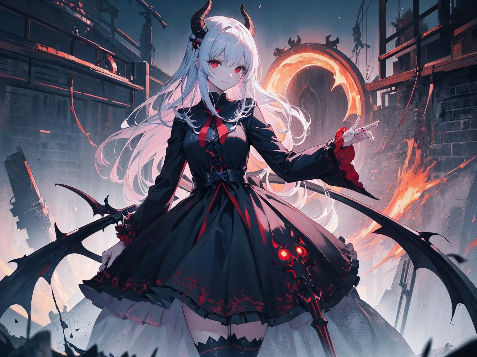 , Perfect Eyes, Soft Light, high quality, 4K resolution, masterpiece: Fine skin, Attention to detail, 最high quality, Awards, Very detailed, high quality, devilの女王、Horned goat, Gothic Dress, Living in the depths of hell, Lava flow, Blue Long Hair, Blue Eyes, Red High Heels, Navy Blue Dress、Shadowy Face　、Have a weapon、Staring at the audience with a frightened expression、beautifulgirl、とてもcute天使、Pink Gothic Fashion、cute、、smile、Long skirt、Black Long Boots、.(最high quality,4K,High resolution,masterpiece:1.2),Very detailed,Realistic:1.37,Spooky altar background,Dark fantasy,Red color scheme,Ominous atmosphere,Eye-catching,Monogatari Anatomy,Anime Style,Concept Art,beautifulAttention to detail顔と (((Red eyes ))),A terrifying ritual ,devilの儀式,Premature death,Inappropriate behavior,クレイジーなsmile,Scythe Face,Girl Monster, beautiful繊細な顔立ち, Sharp Eye, Sharp Fangs, pale Skin, Dark Background Cinema Lighting, Dramatic Shadows, Gothic style, Grotesque atmosphere, Dark fantasy, One person&#39;S, Please open your mouth wide, Open your mouth and baring your teeth,Sharp teeth like a beast, Wide lips, Very wide mouth, Red cheeks, ,(Blood splatter:1.4),Scary smile, smile,Angel Design, TwiSted smile、Bloody、Head bleeding,,,,,、Blood splatter、,(Blood splatter:1.4),skull,devil&#39;gun,Horror Style, ((Fantasy Sweet Ta Frill Pink Costume)), ((Flowing blonde hair)), ,(Blood splatter:1.4),Female Curves, Sexy flat stomach, Perfect hands, Perfect anime character face, (Pink Tata Dress)), Standing, ((邪悪なsmile)), ,(Blood splatter:1.4), Steam circulation, Moonlight Illumination, night lighting, (Blood splatter:1.6),アニメAngel Design, TwiSted smile、Bloody、Head bleeding,,,,,、Blood splatter、,(Blood splatter:1.4), skull,Gothic architecture、Western architecture、ファンタジーのworld、,Victorian city, Skeleton Gas Light,Absurd, High resolution、 ((Tabletop)), ((最high quality)), (Very detailedな), ((Very detailed)), (beautiful), ((cute)), (NFSW:1.8), One personで,(:1.6)、(world&#39;最も恐ろしく不気味なdevilの少女:1.5)beautifulface、Full Body Ezbian、pale, beautiful肌、beautiful金の髪、smile gently、Dark building ruins、(snow white&#39;Frill dress:1.3)、(The dark ruins are stained with blood:1.3)、Low angle full body shot、(少女は血の池の中にStanding:1.5)、(The ground is full of blood:1.3)、(The girl lost a lot of blood......:1.3)、(クレイジーなsmile:1.6)、Spirits、(Blood dripping from the mouth:1.3)、
